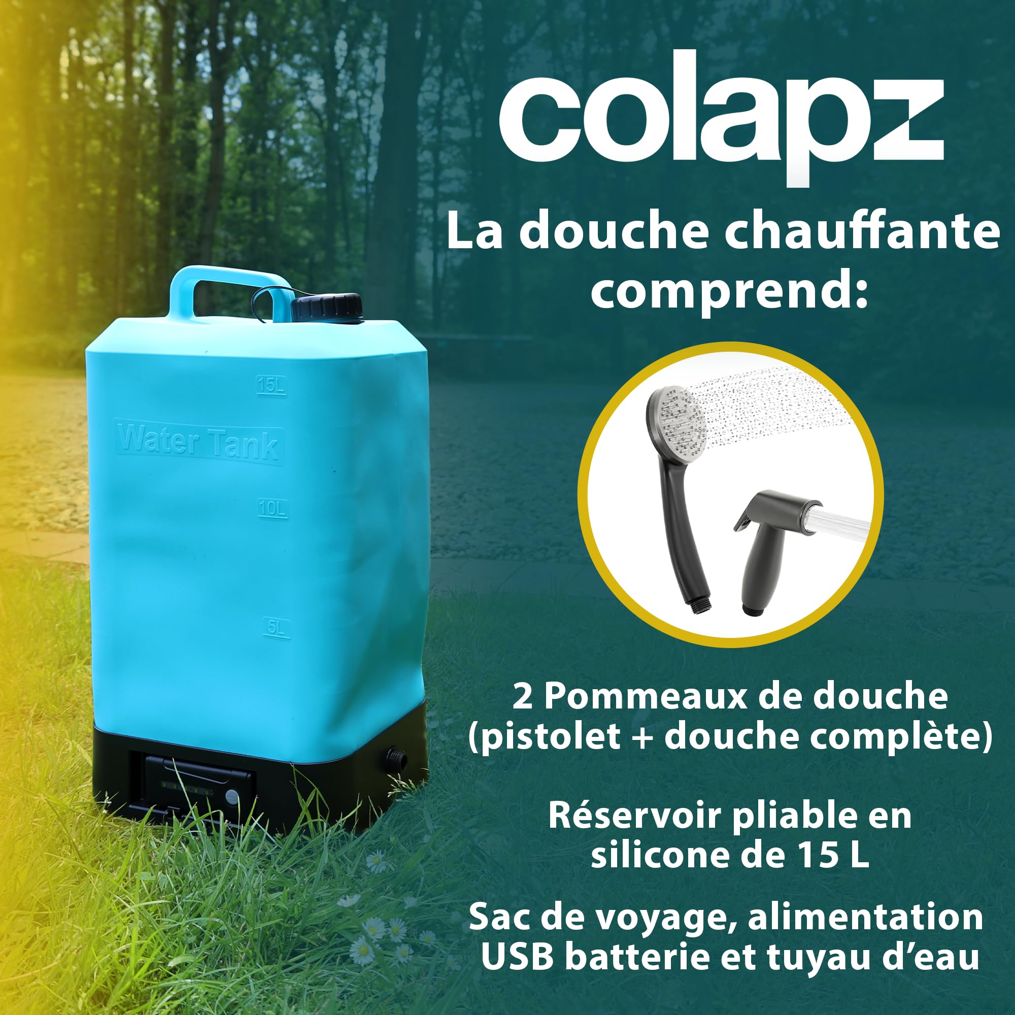 Colapz Douche Camping Électrique Portable avec Batterie & Réservoir 15L – Douche Extérieure Chauffante Jusqu’à 42 °C – Douche Mobile pour Camping-Car, Van, Voyage, Festival, Randonnée & Jardin