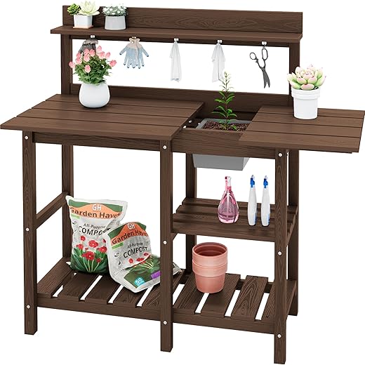 SERWALL Potting Bench Outdoor Potting Table with Sink, HDPE Potting Benches for Outside Gardening Table All Weather Use- Coffee