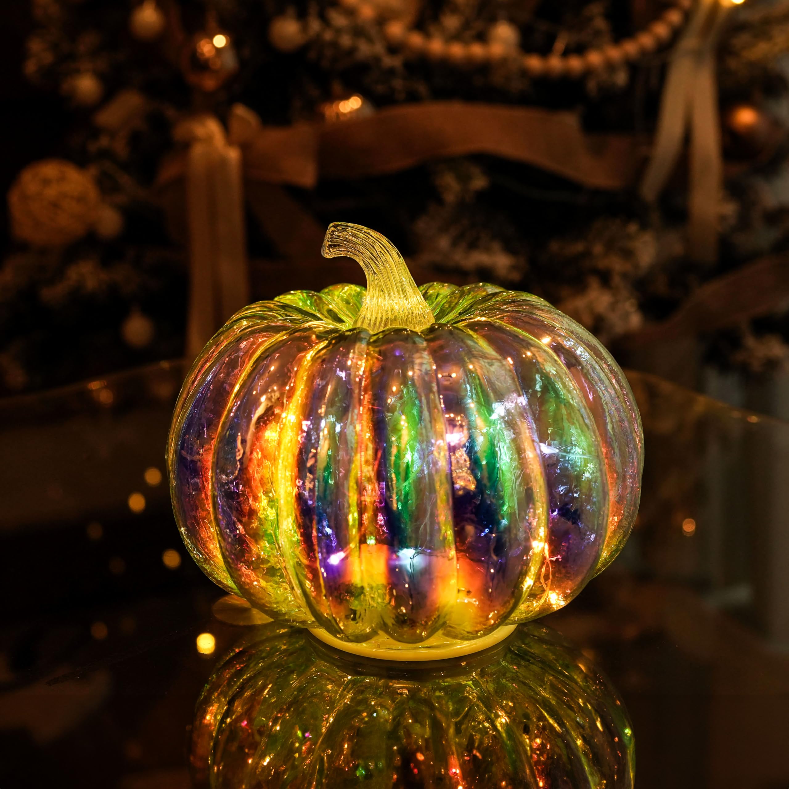 hvfun Iridescent Mercury Glass Pumpkin Light with Timer Battery Operated 6.3 Inches Halloween Pumpkin Decorations Fall Autumn Thanksgiving Home Decor