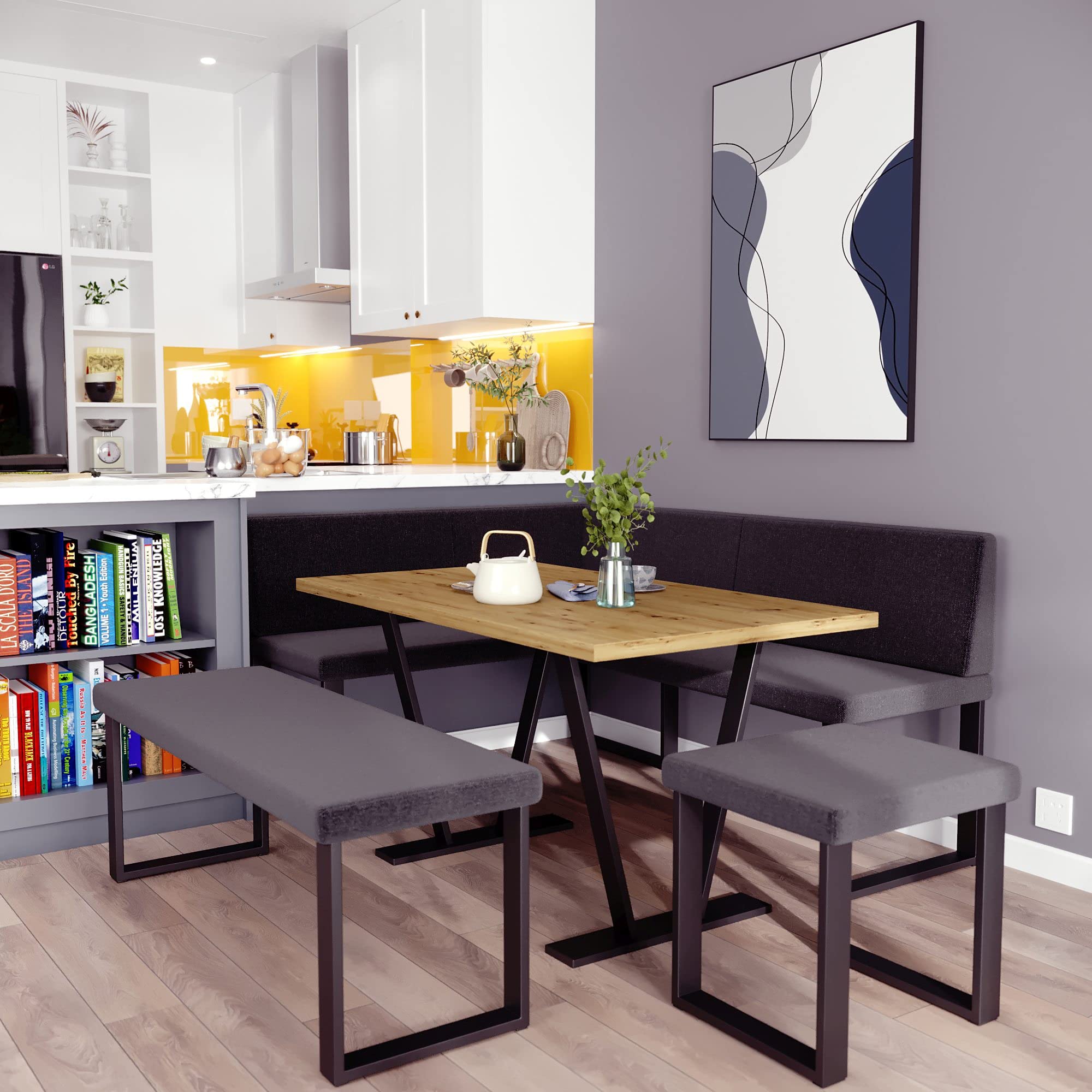 Akiko Banc d'angle en métal avec table et bancs pour votre salle à manger, cuisine moderne, coin salon, coin repas. Parfait pour la cuisine, le bureau et la réception. Finition solide (INARI 100, 196