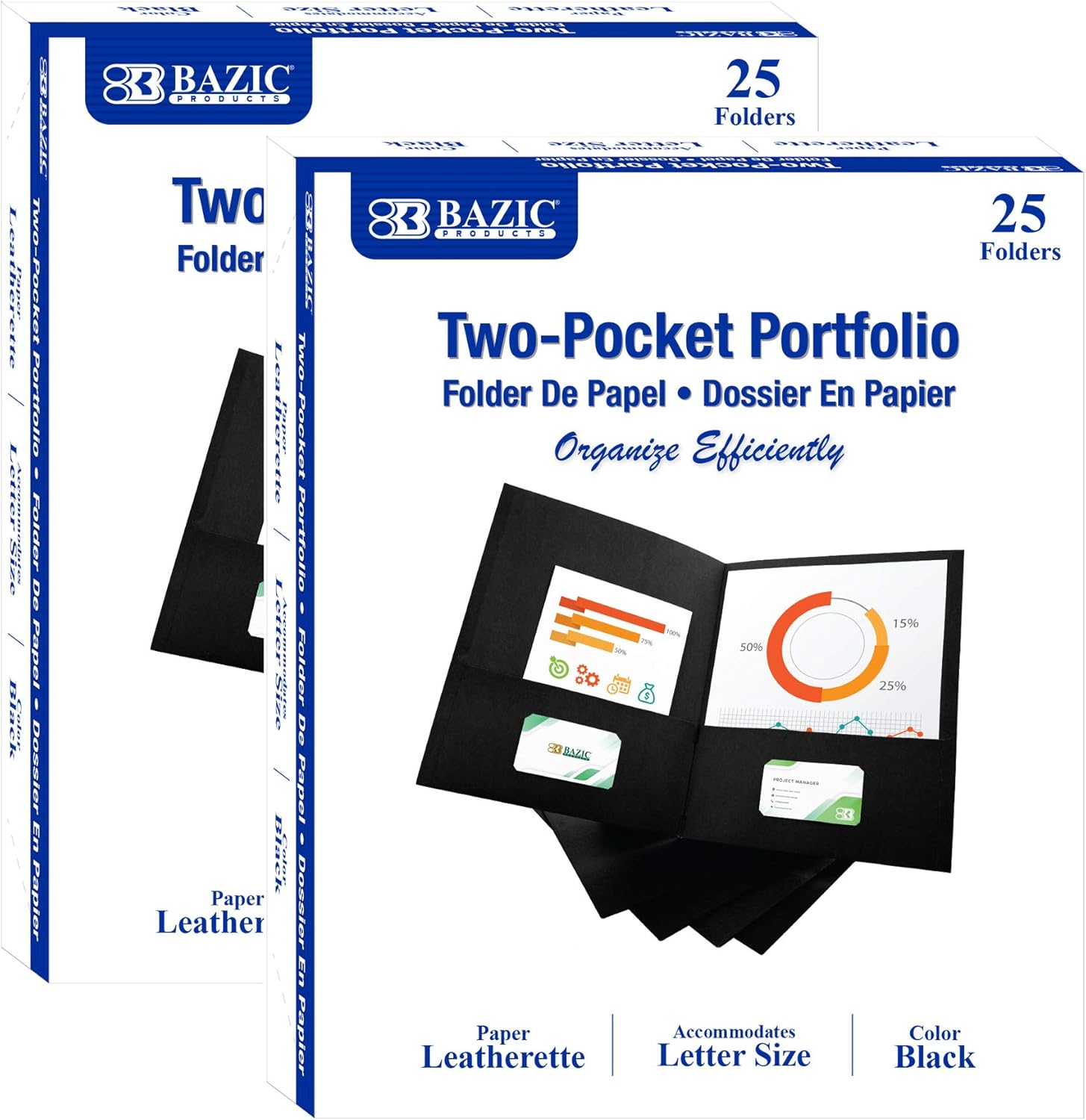 BAZIC Products 2 Pockets Paper Folder, Premium Leatherette Portfolio, Letter Size Folders for Office Document Papers Organizer, Black Color, Total 50-Count