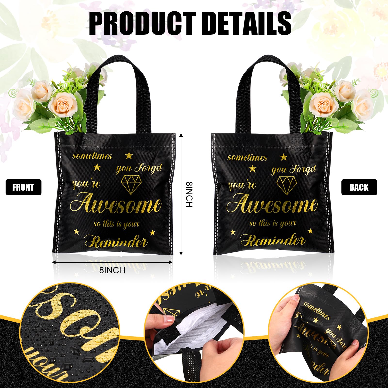 Clysee 50 Pcs Employee Appreciation Gift Bags Bulk Thank You Team Small Gift Bag with Handle Black Gold Inspirational Wedding Party Favor 8 x 8 Inch for Women Coworker Party Nursing Volunteer(Awesome)