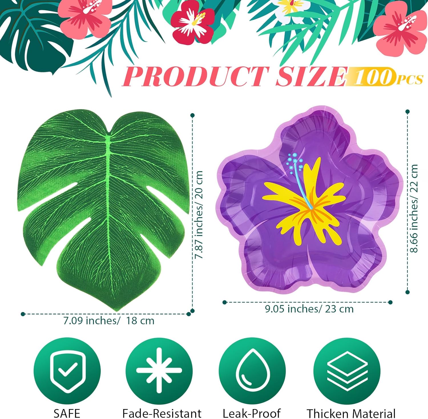 Motipuns 200 Pcs Hibiscus Floral Paper Plates Bulk and Artificial Palm Leaves Luau Hibiscus Flowers Disposable Paper Plates Tropical Leaf Placemat Summer Hawaiian Safari Party Supplies Decoration