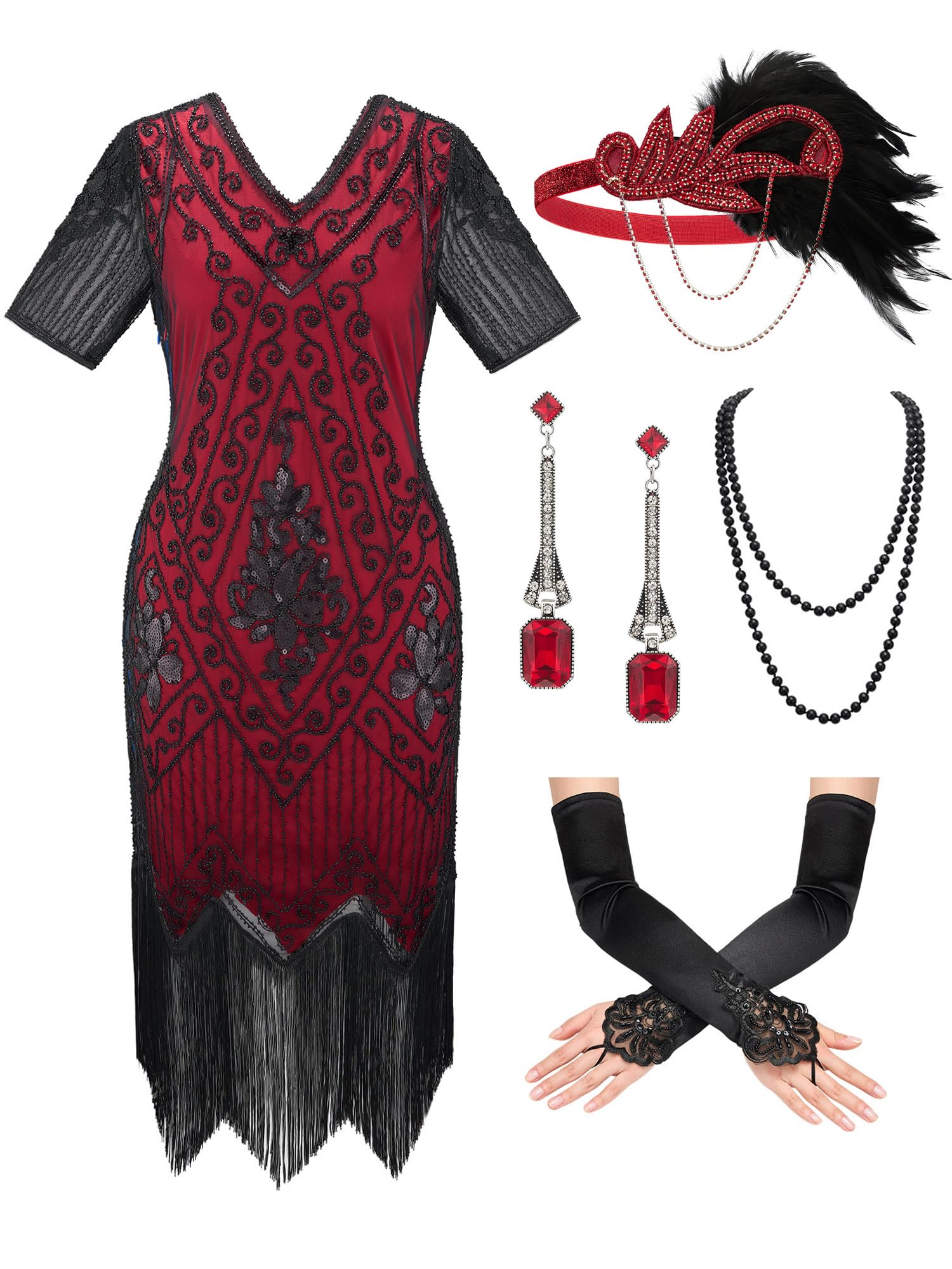 SWEETV Women's Flapper Dresses 1920s Fringed Sequin Great Gatsby Dress with 20s Accessories -Roaring 20s Costumes