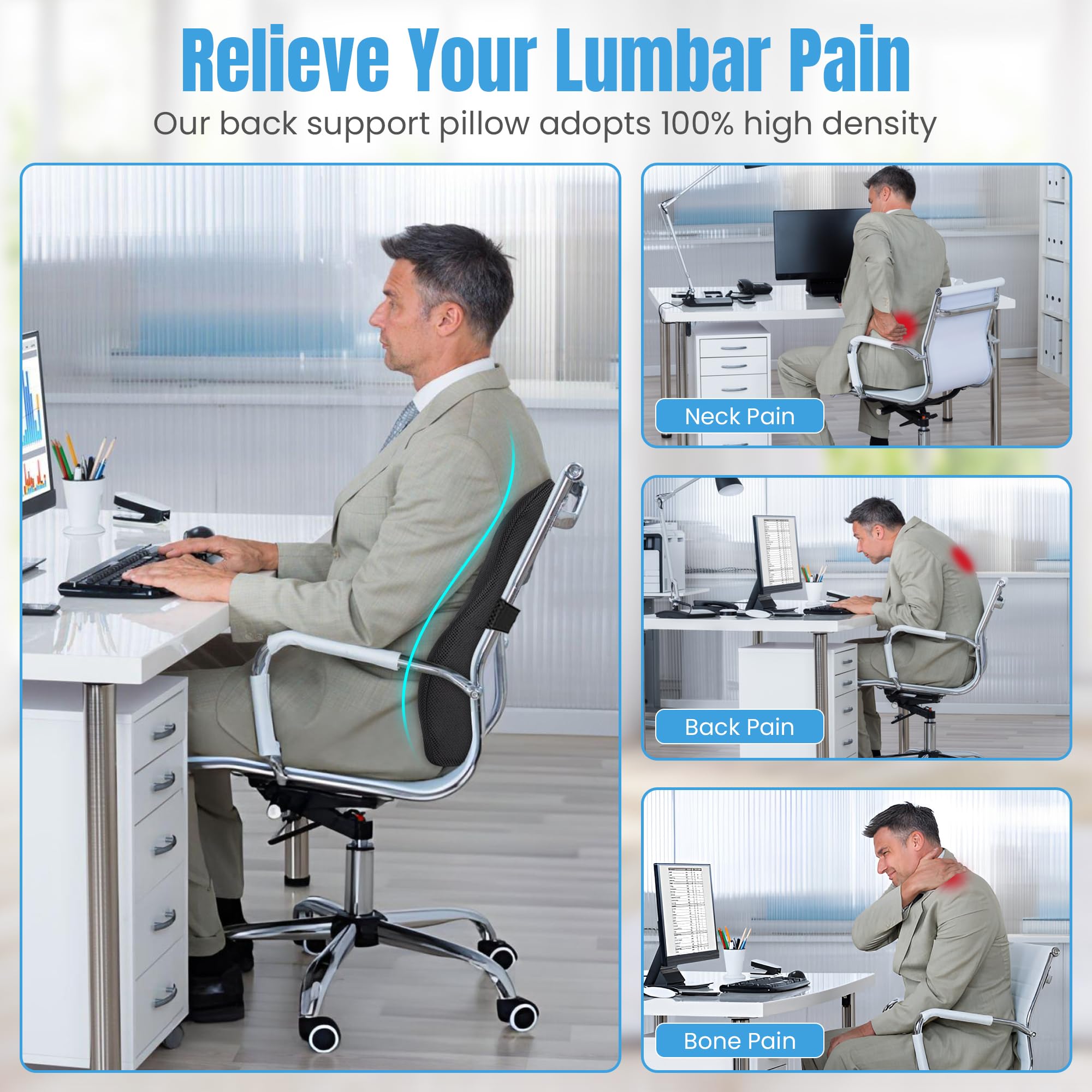 saimson Chair Back Support - 2 Yrs Warranty l Memory Foam Lumbar Support Cushion for Office Chair & Car Seat | Chair Back Rest for Better Posture & Lower Back Pain Relief | Ventilated Black Mesh 2