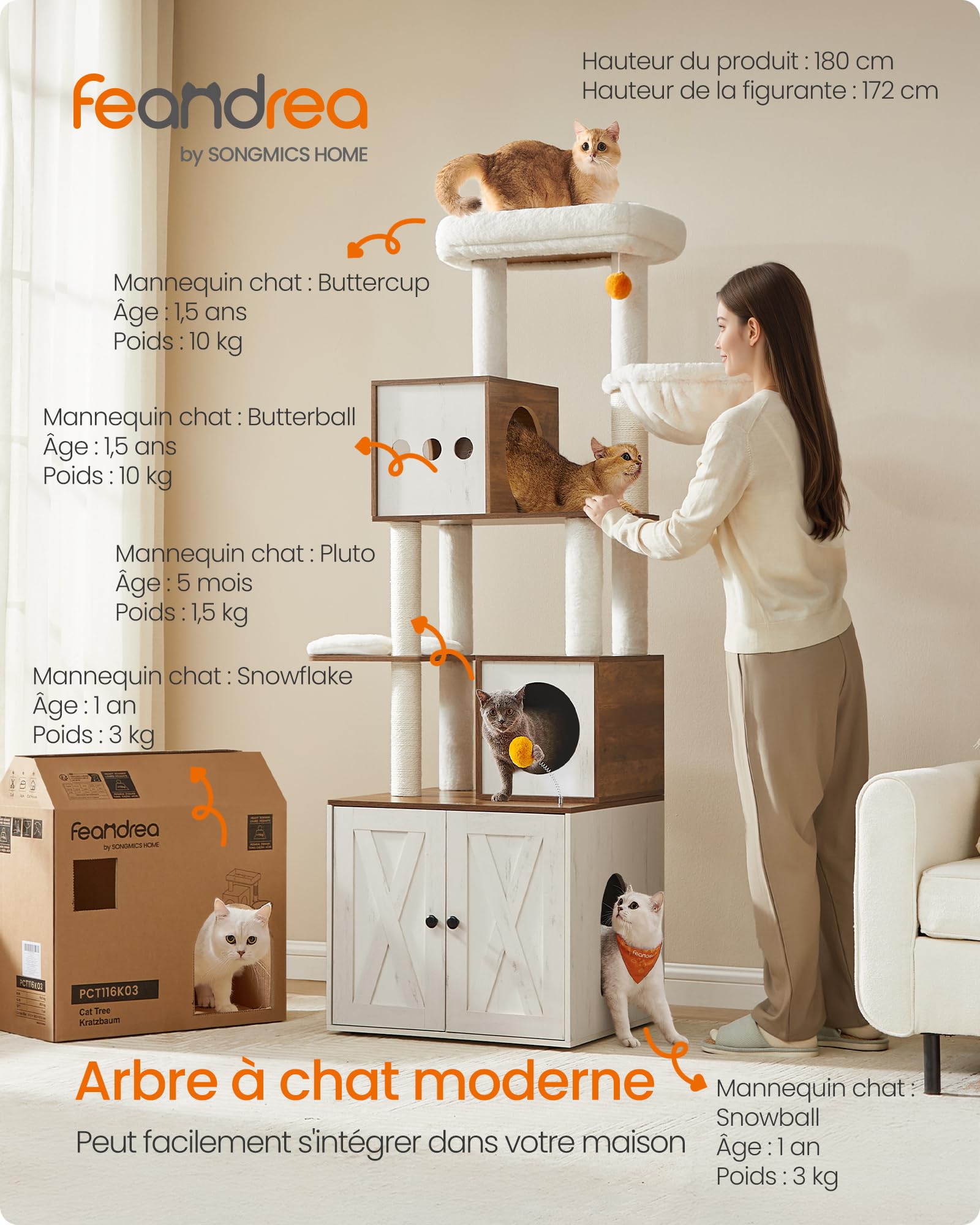 Feandrea Arbre à Chat Moderne avec Cache-litière, Tour de Jeu, Griffoir avec Maison de Toilette, 180 cm, Niche, Plateforme, Tapis Lavables, Marron Miel et Blanc Rustique PCT116K03