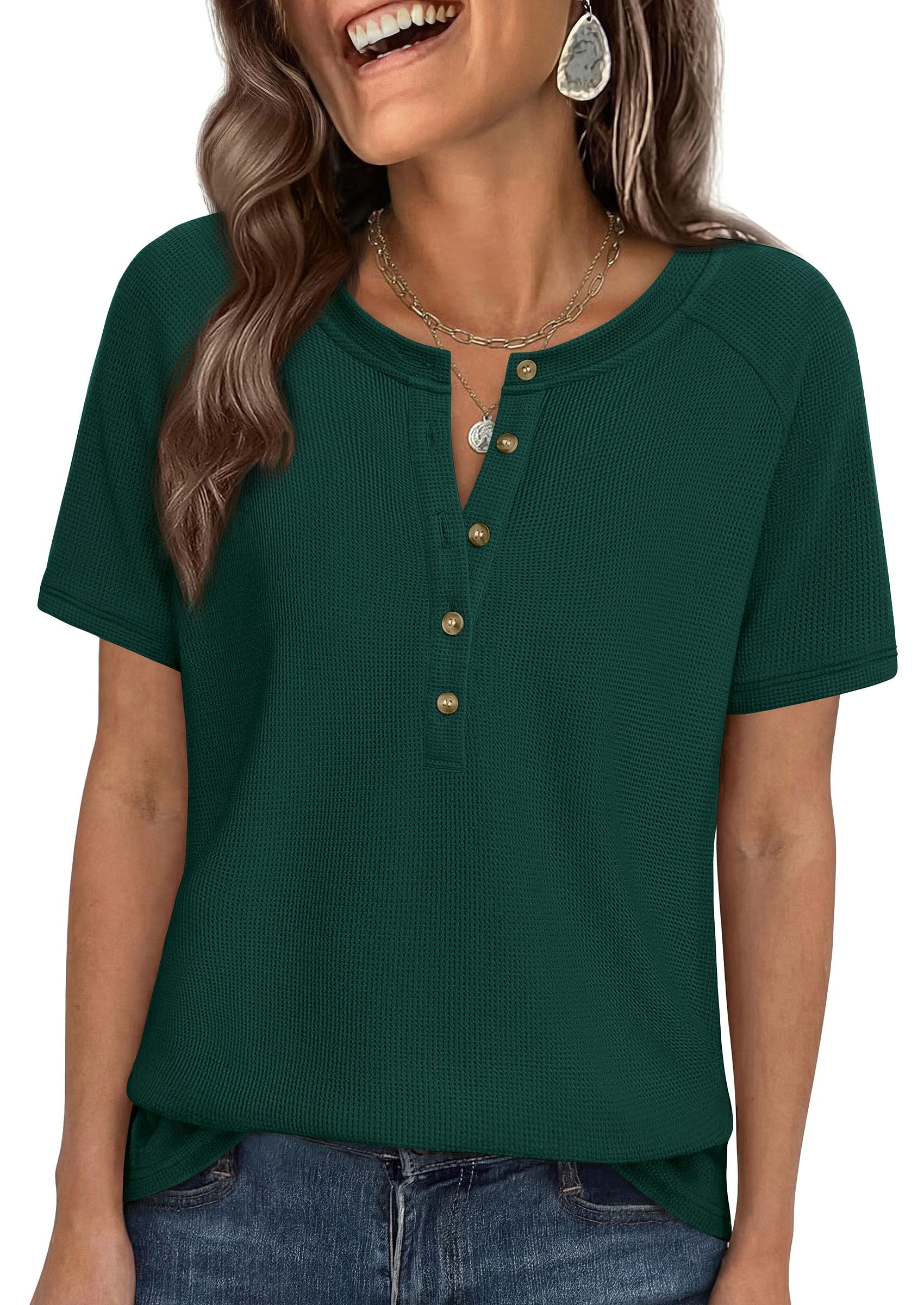 PRETTYGARDEN Waffle Knit Tops for Women Short Sleeve Henley Shirts 2026 Summer Blouses Dressy Casual Spring Fashion Clothes — view 19