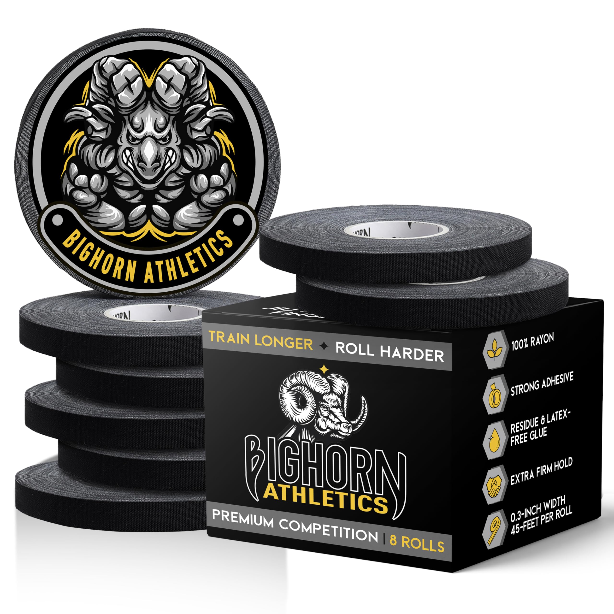 Bighorn Athletics Premium Competition Jiu-Jitsu Finger Tape, 8-Rolls, 50% Stronger Material, Residue-Free (0.3-Inch, Black)