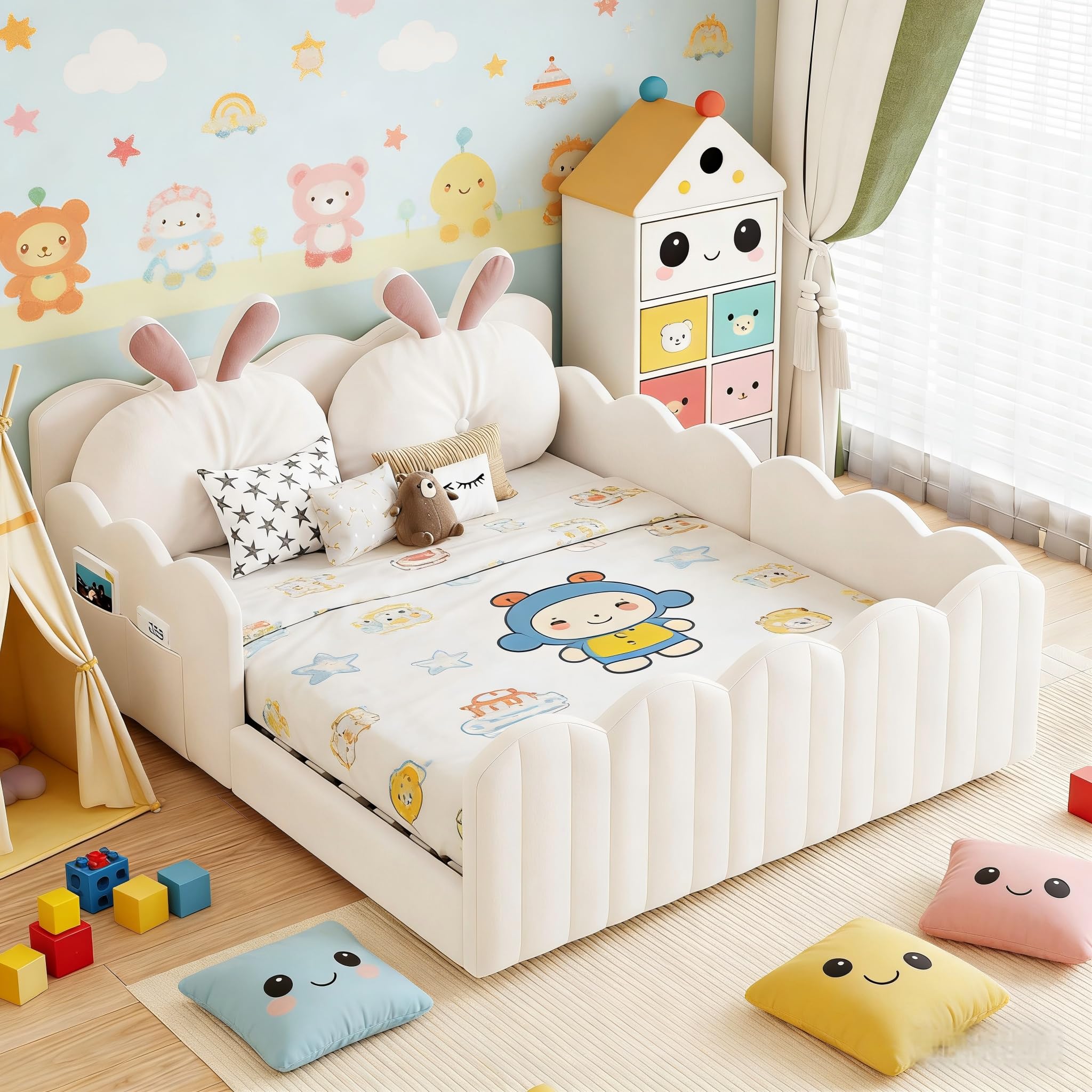 Letto imbottito 140 x 200 cm, letto con cuscino a forma di coniglio, letto per ragazzi con griglia, lettino per appartamento (senza materasso) lino beige