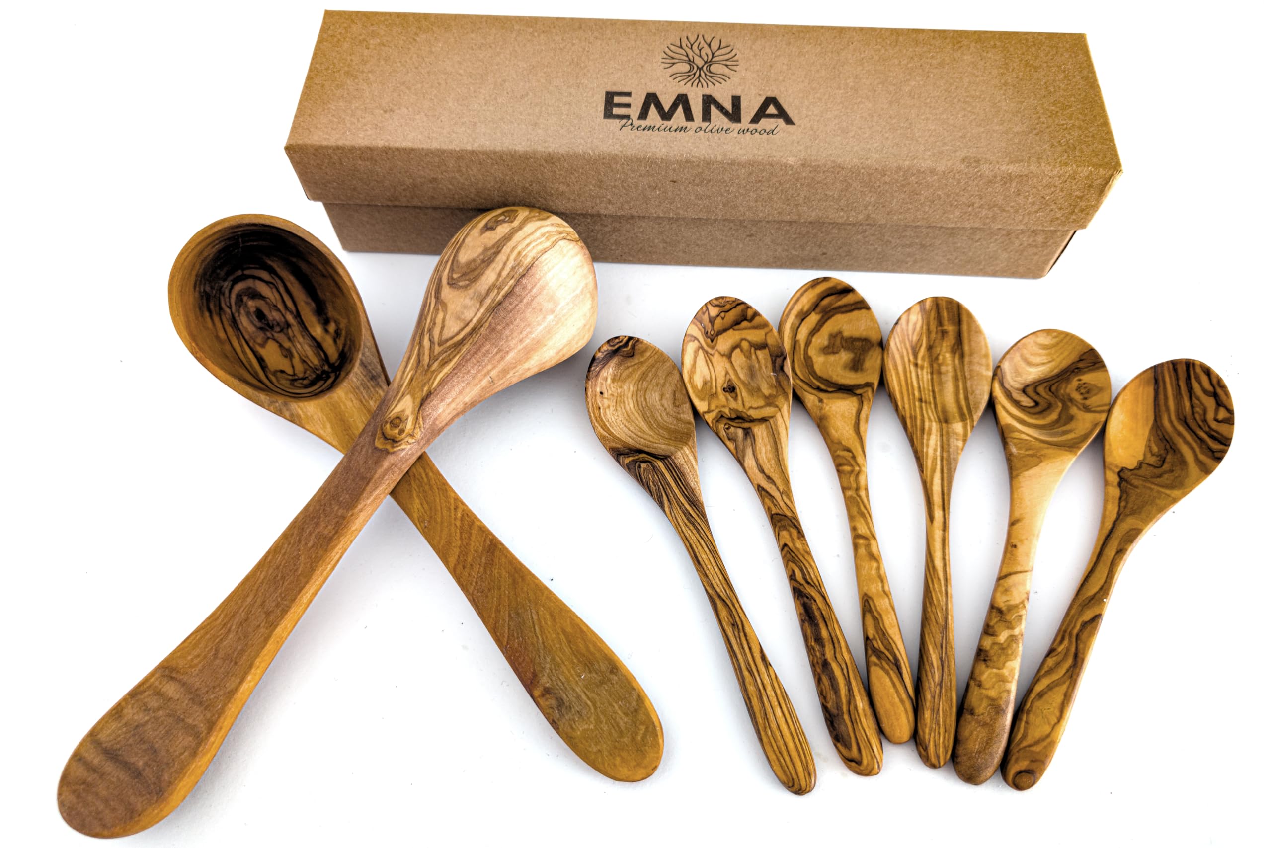 EMNA Lot de 8 pièces : 2 louches + 6 cuillères à soupe en bois d'olivier dans une boîte cadeau | Soupe | Créateur | Noël | Anniversaire | Fête des mères | 5e anniversaire de mariage | Bois | Femme |