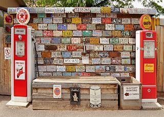 7x5ft Fabric Vintage Gas Station Backdrop Retro License Plate Gas Station Matel Background for Photography Western Highway Travel Theme Party Decor Photo Props