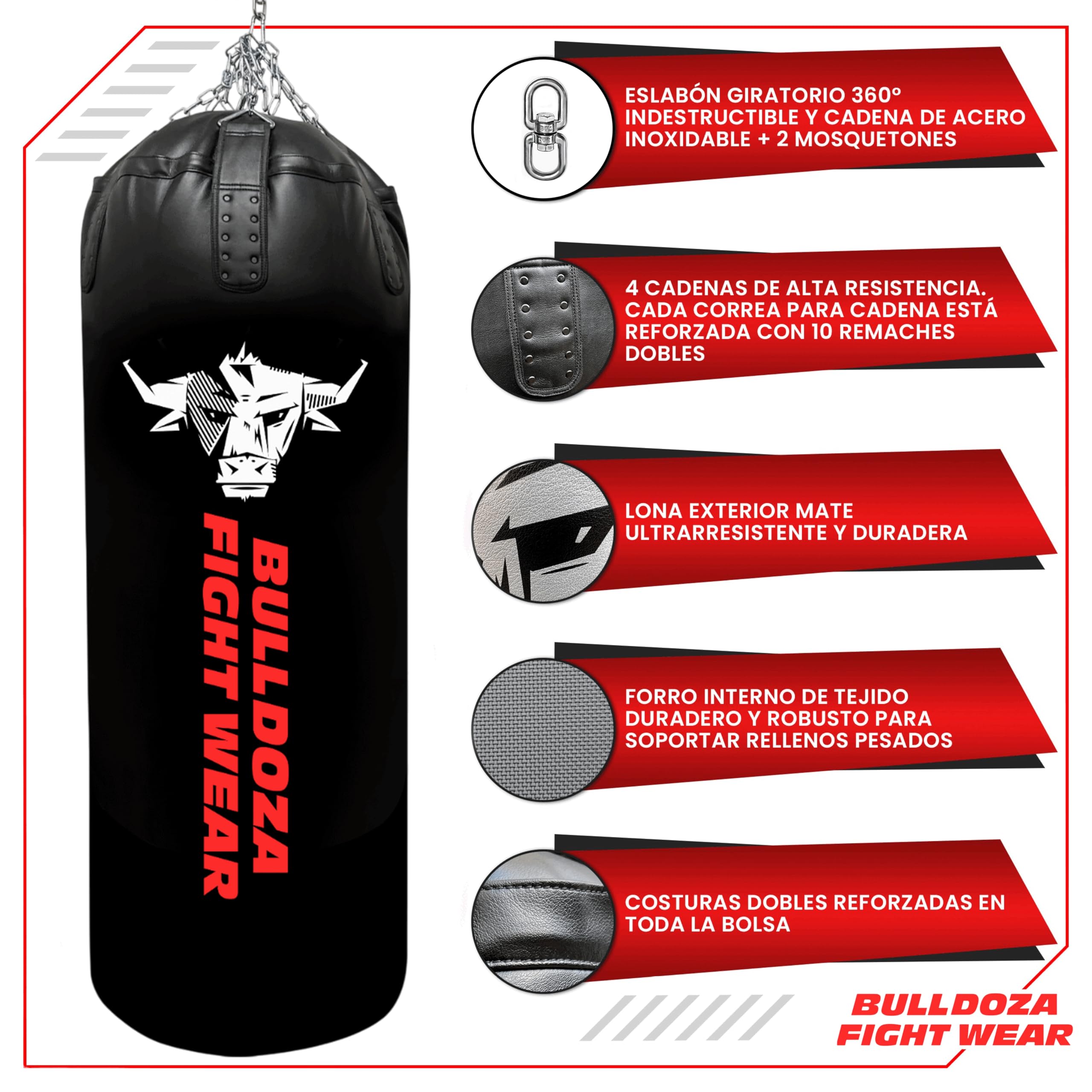 XL Tank Bull Doza Fight Wear - Saco de boxeo con cadenas colgantes, giratorio, mosquetones, bolsa de boxeo