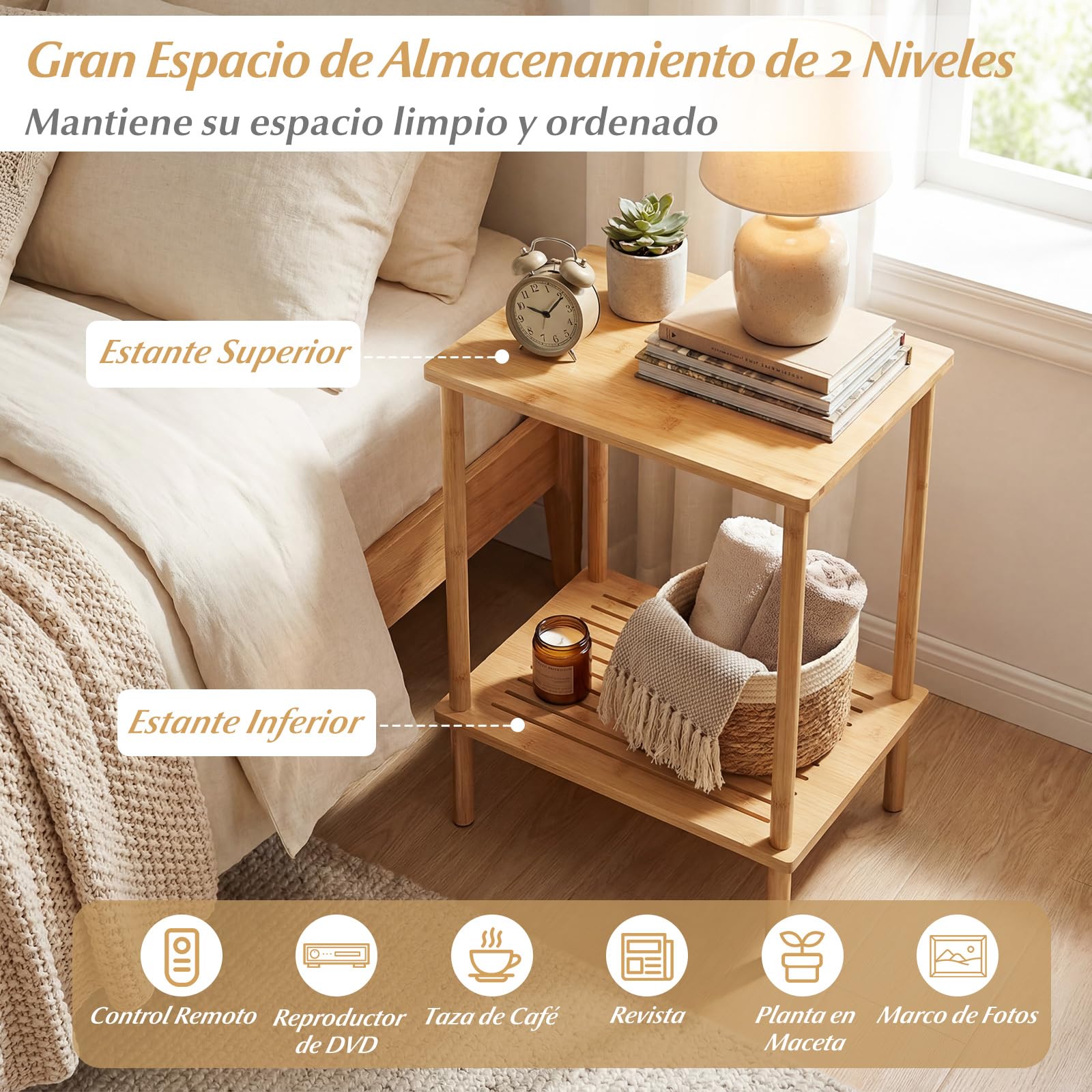 COSTWAY Juego de 2 Mesas Auxiliares de Bambú, Mesita Lateral para Sofá de 2 Niveles con Estantes de Almacenamiento, Mesas para Café, Mesitas de Noche Pequeña, 40 x 30 x 55 cm, para Salón y Dormitorio