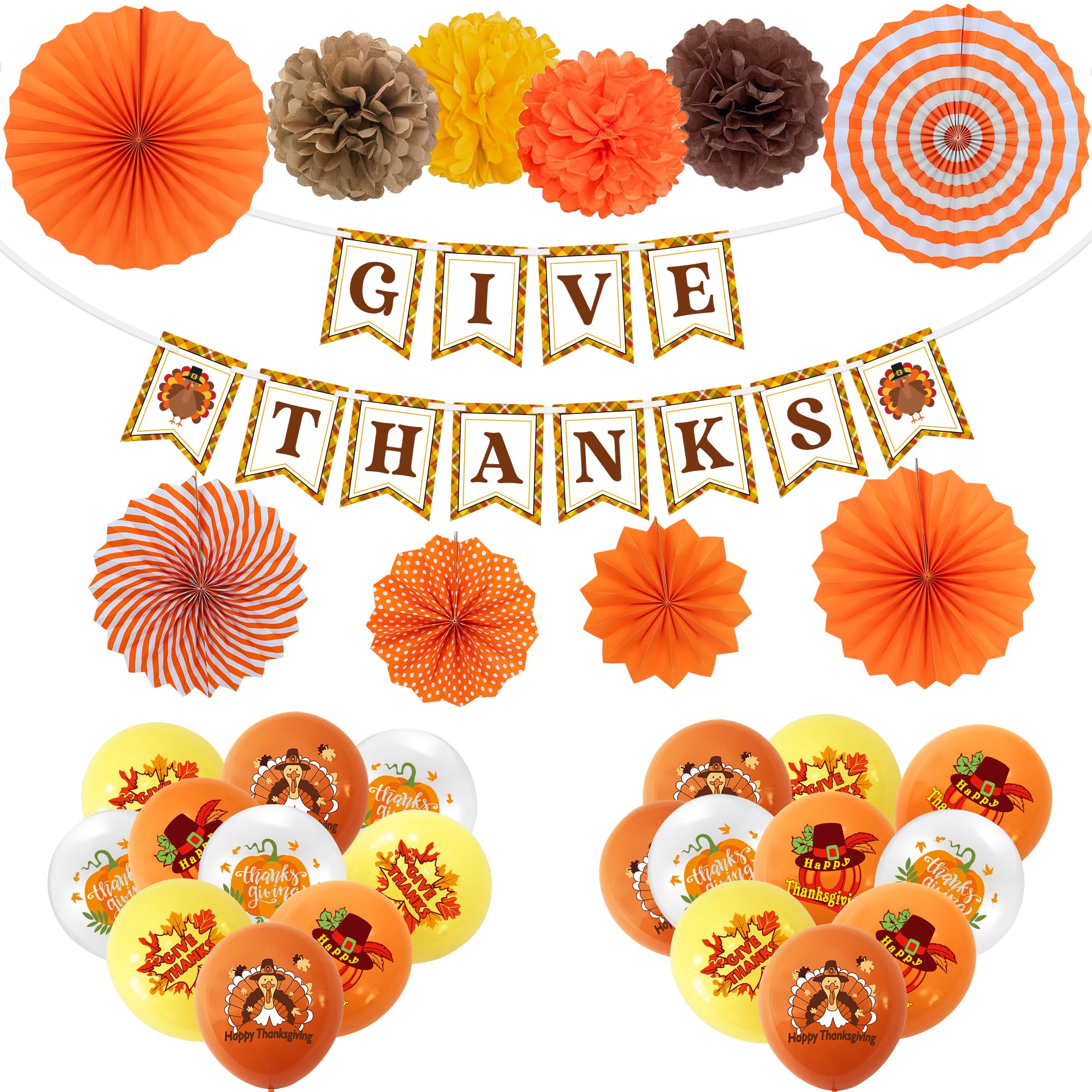 32PCS Thanksgiving Party Decorations Set - NO DIY - Give Thanks Banner & Hanging Paper Fans Pom Pom Flowers & Thanksgiving Balloon, Fall Thanksgiving Decorations for Home Indoor Outdoor Decor