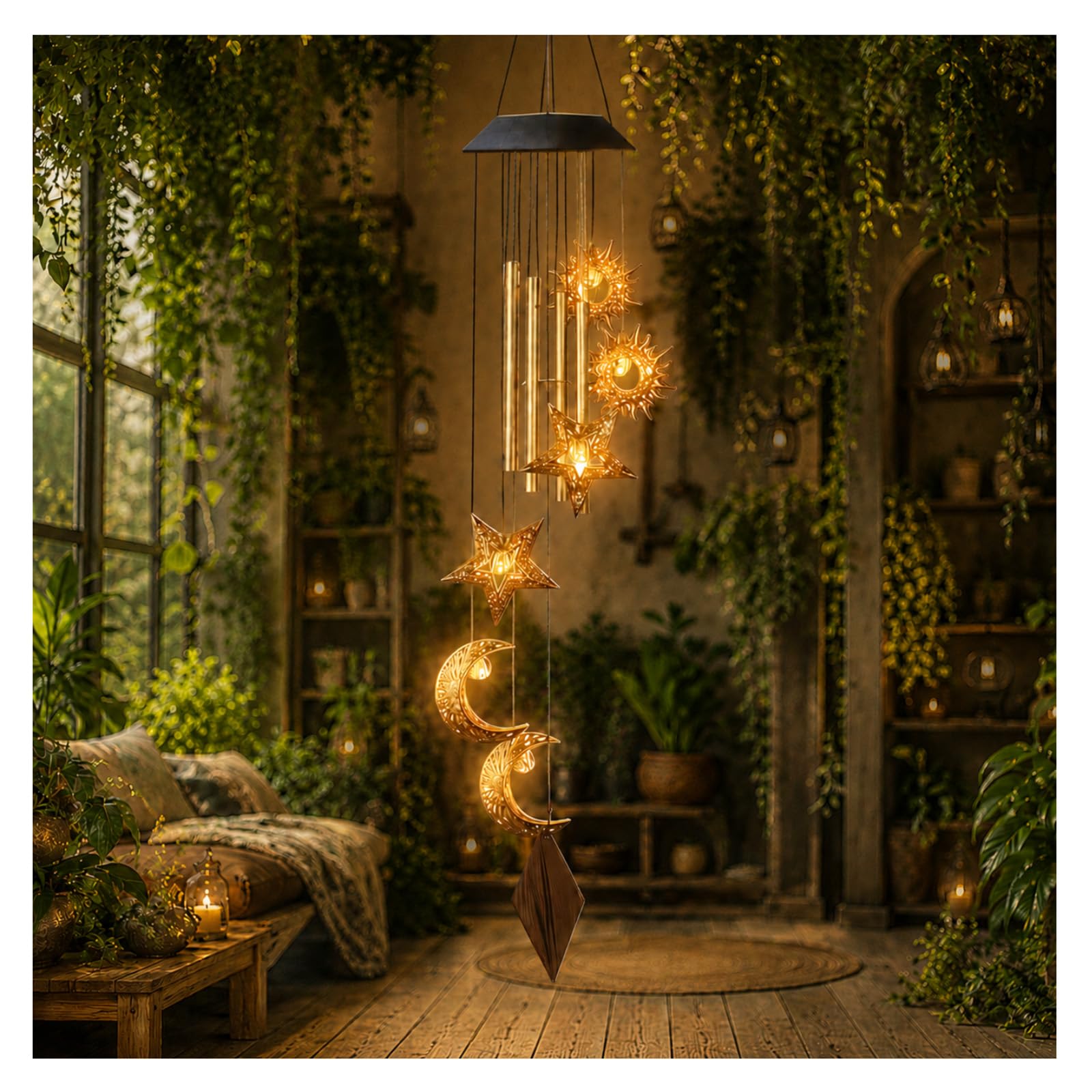 THALYN Solar Wind Chimes 31.5" Waterproof Sun Moon Star LED Hanging Light, Warm Night Glow Outdoor Wind Chime Decor for Garden Patio, Gifts for Mom Grandma Wife Neighbors (Warm Colored Lights)