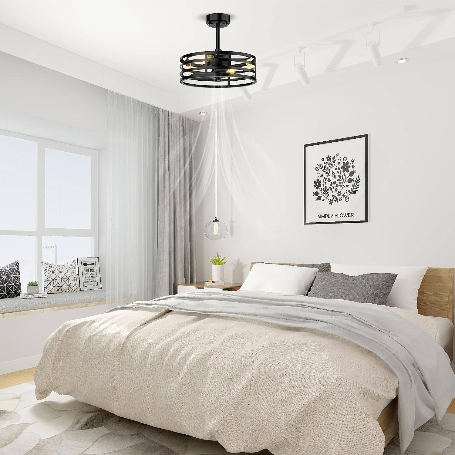 17 Inch Ceiling Fan with Lights Remote Control, 6 Speed Black Caged Ceiling Fan, Reversible Motor Low Profile Ceiling Fan for Living Room, Bedroom, Kitchen