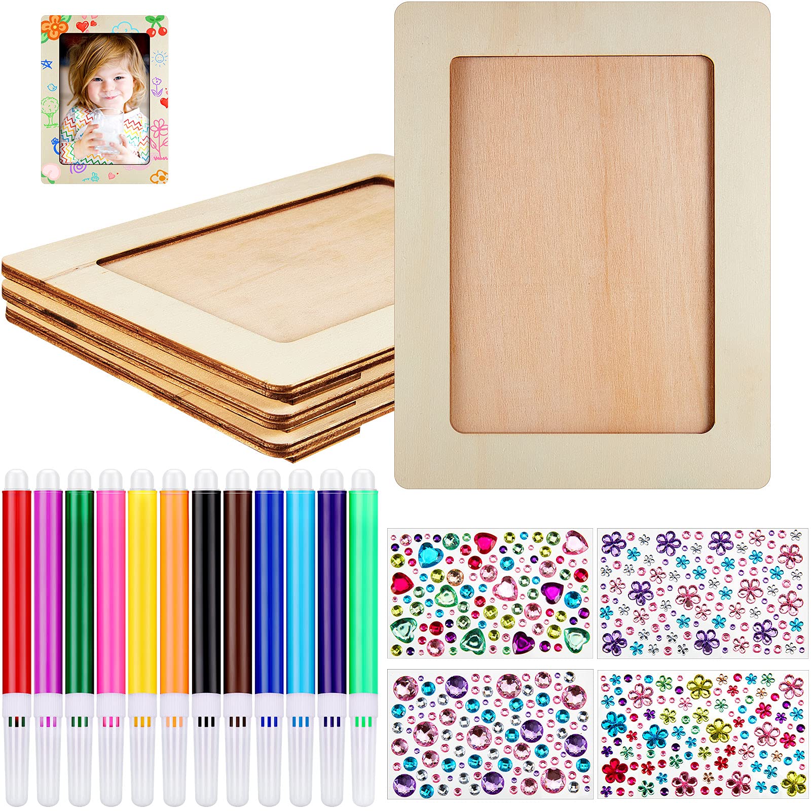 4 Pieces Unfinished Wooden Picture Frame Craft Kit - 7.9” x 5.9” DIY Painting Set Includes 12 Color Pens, 4 Sheets of Crystal Diamond Stickers for Photo Frame Decoration and Custom Art Projects