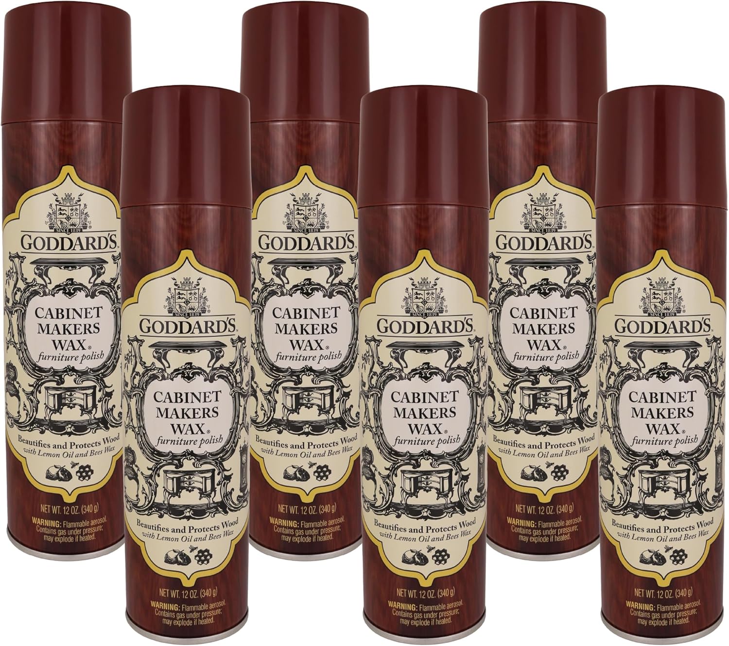 Goddard's Cabinet Makers Wax Spray, Wood Furniture Polish, Conditioner and Dust Cleaner with Bees Wax and Lemon Oil, Shine & Stain Protection, 6-Pack (12 oz each)