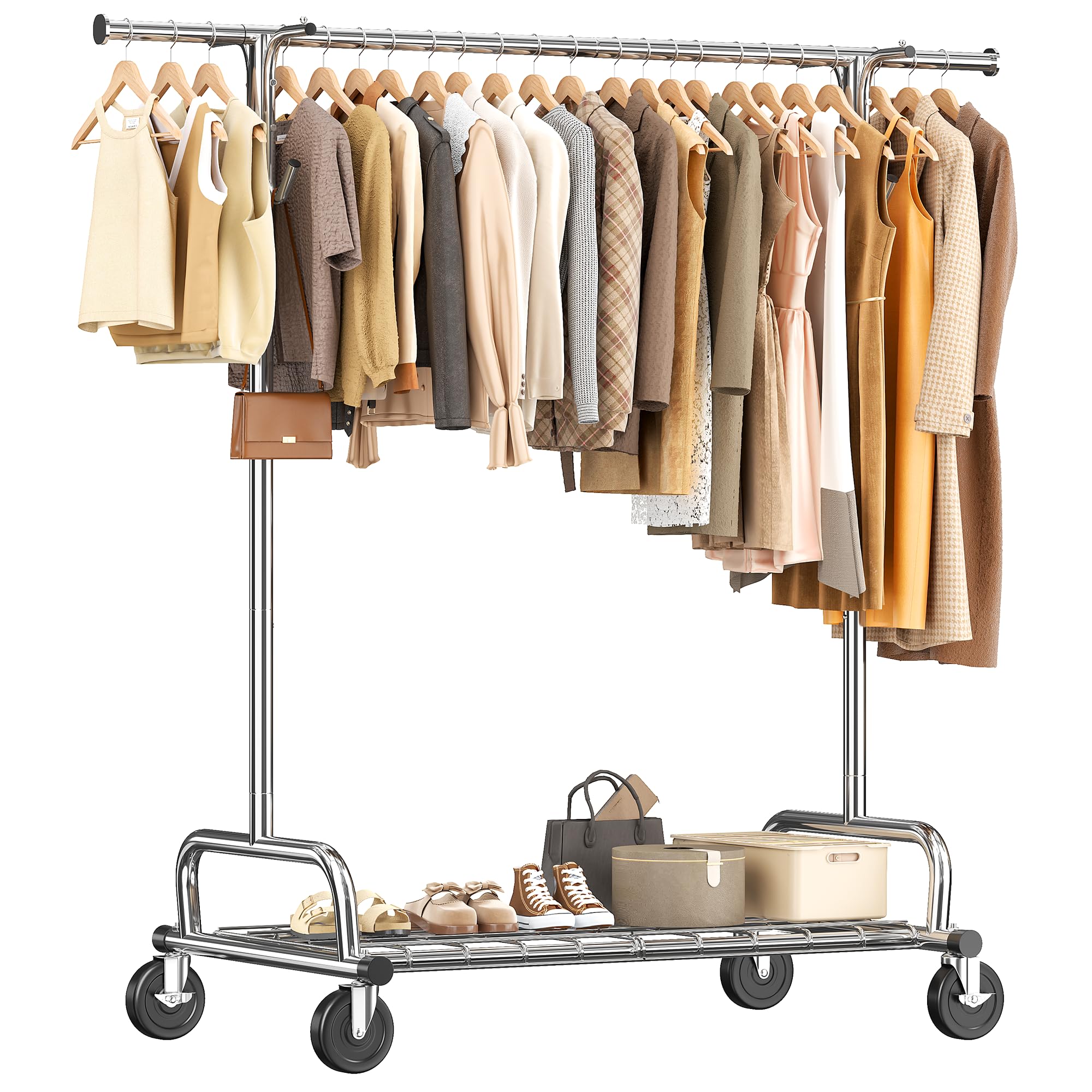 Raybee Heavy Duty Clothes Rack Load 485LBS, Metal Garment Storage with Mesh Shelf & Lockable Wheels, Rolling Clothing Rack for Bedroom Laundry Room