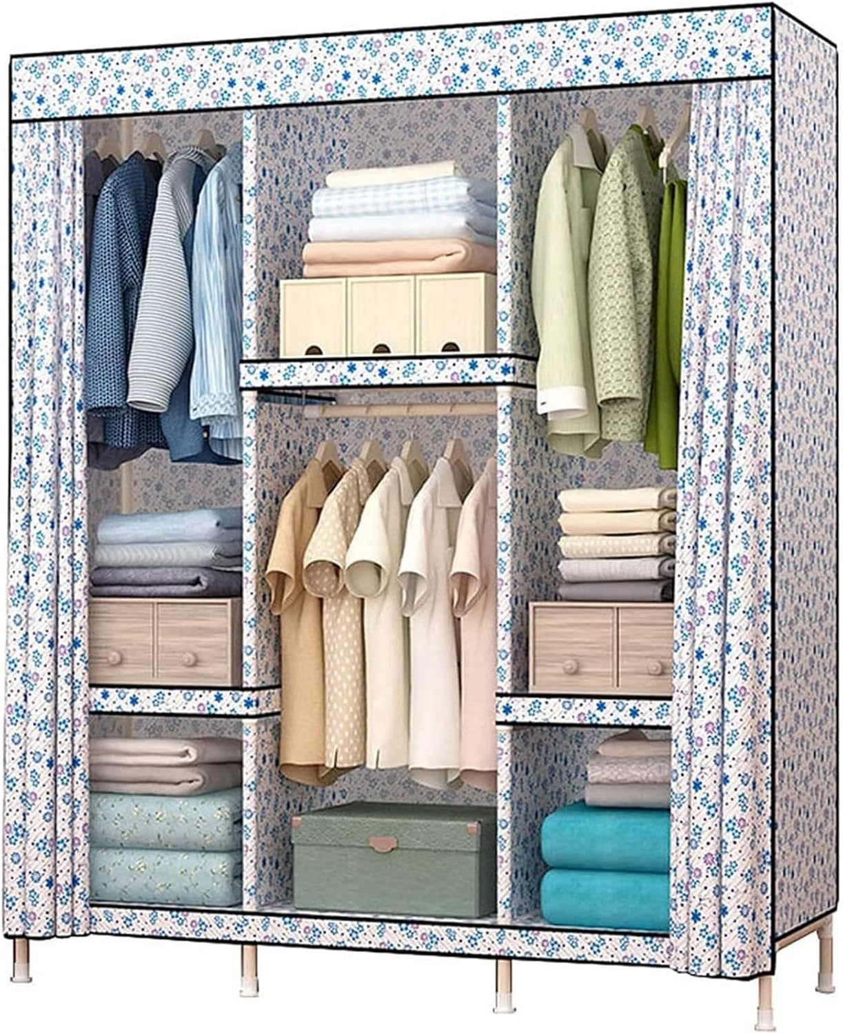 Portable Wardrobe Cloth Wardrobe Fabric Assembled Wardrobes,Solid Wood Multifunction Bedroom Closet Assembly Partition Large Wardrobes E,168 * 130cm Portable Cloth Hanger