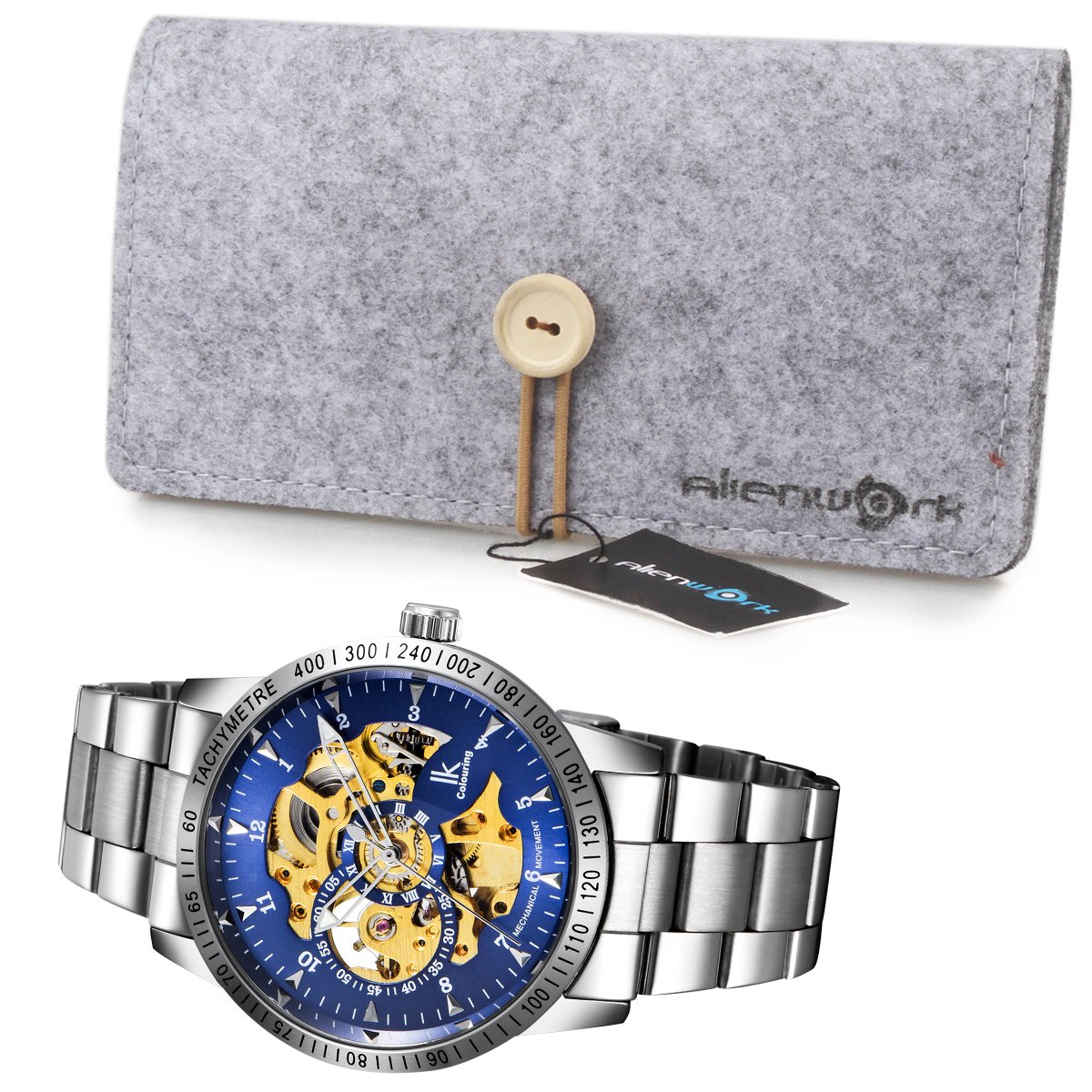 Alienwork IK Reloj Automático Hombre Mujer Plateado Pulsera de Metal Acero Azul Esqueleto