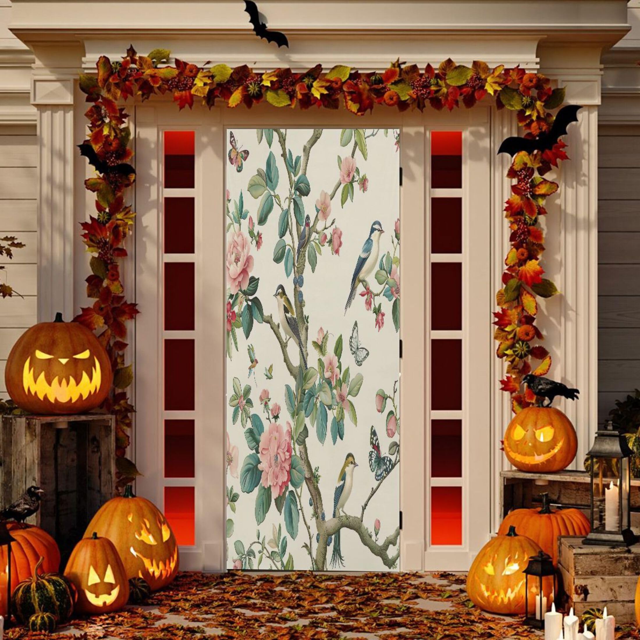 Housse de porte bleue motif floral 81x200cm en tissu extensible