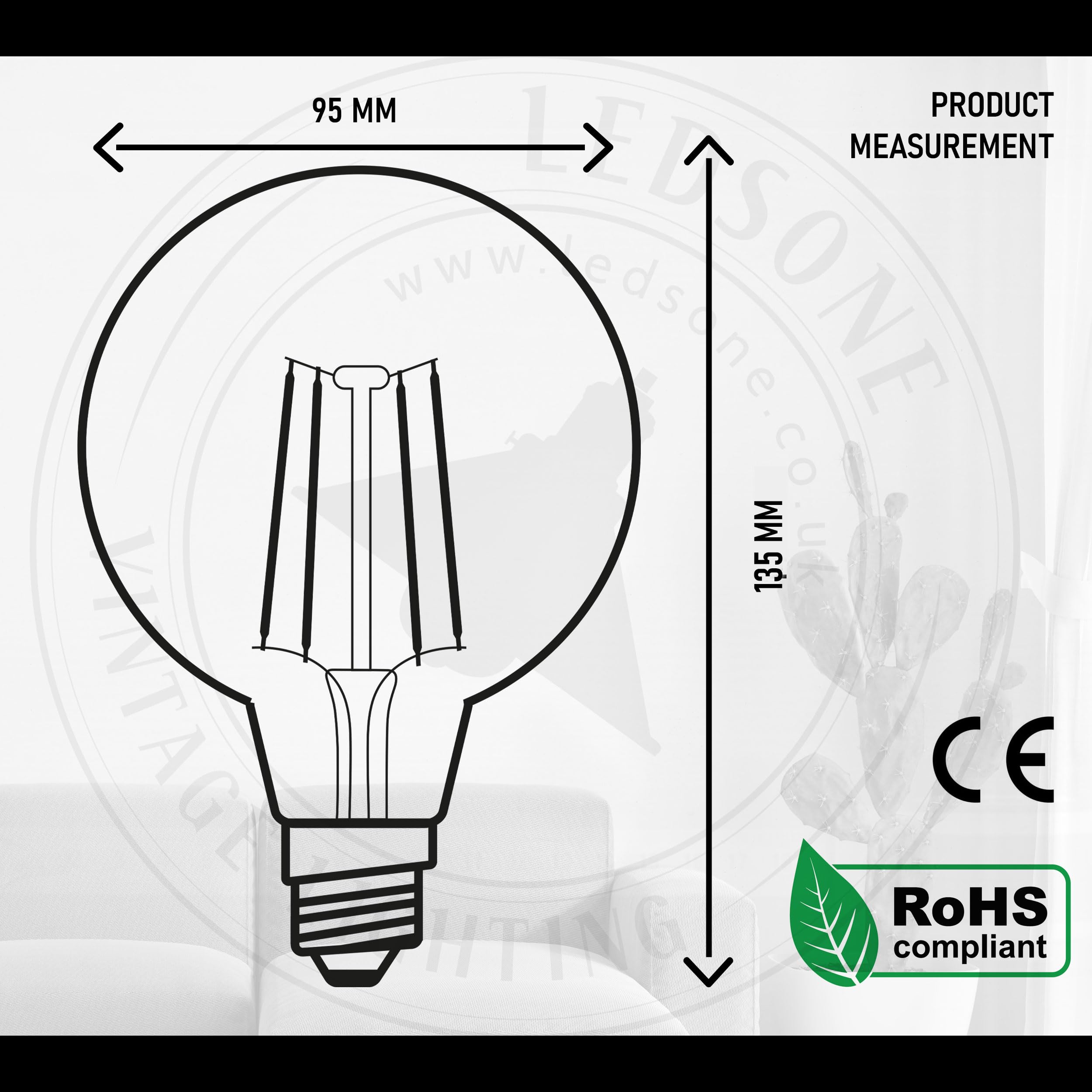LEDSone DC Voltage, LED E27 Vintage Light Bulb,G95 Edison Screw,4W Dimmable, Large Globe LED Filament Bulb,Warm White 2200K - Image 3