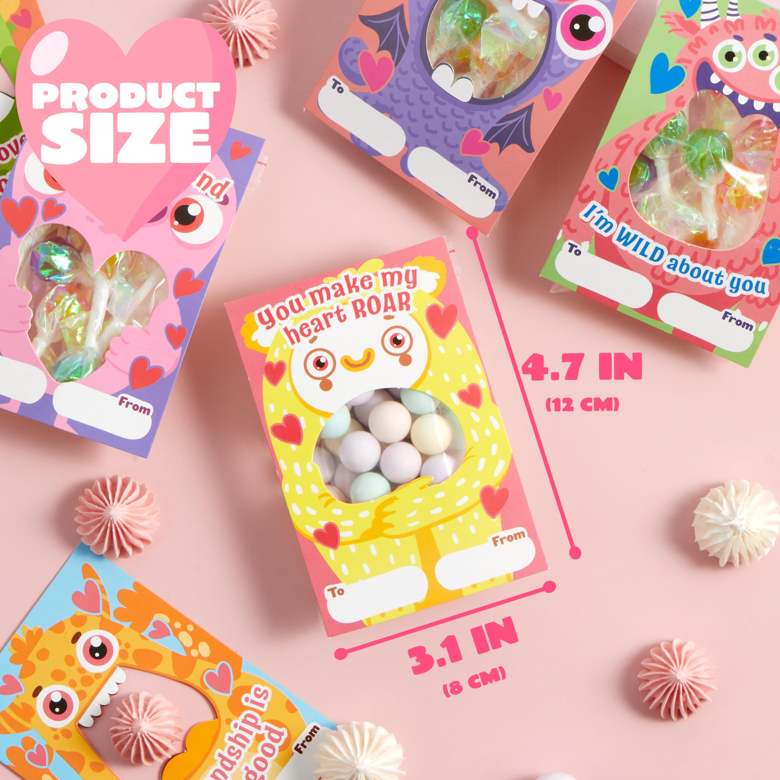 JOYIN 72 tarjetas de regalo para el día de San Valentín con diseños de monstruos con bolsas, tarjetas de felicitación huecas de San Valentín, tarjetas de dulces para niños, tarjetas de intercambio de