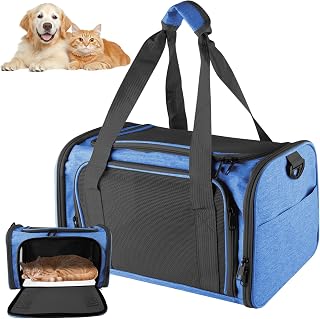 Cat Dog Carrier Bag: Foldable Small Cat Bag Dog Transport Bag, Cat And Dog Transport Cage Breathable with Shoulder Strap for Car, Airplane and Travel 40 x 25 cm (Blue)