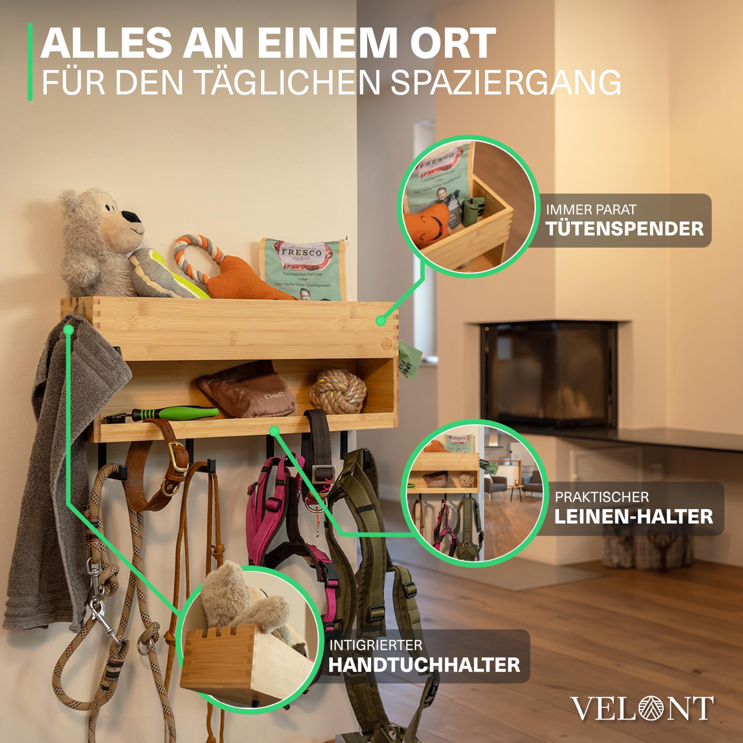 VELONT Perchero XXL con estante, perfecto aparcamiento de lino, estación de bambú respetuosa con el medio ambiente para ropa y accesorios, marca alemana, incluye dispensador de bolsas de excrementos,