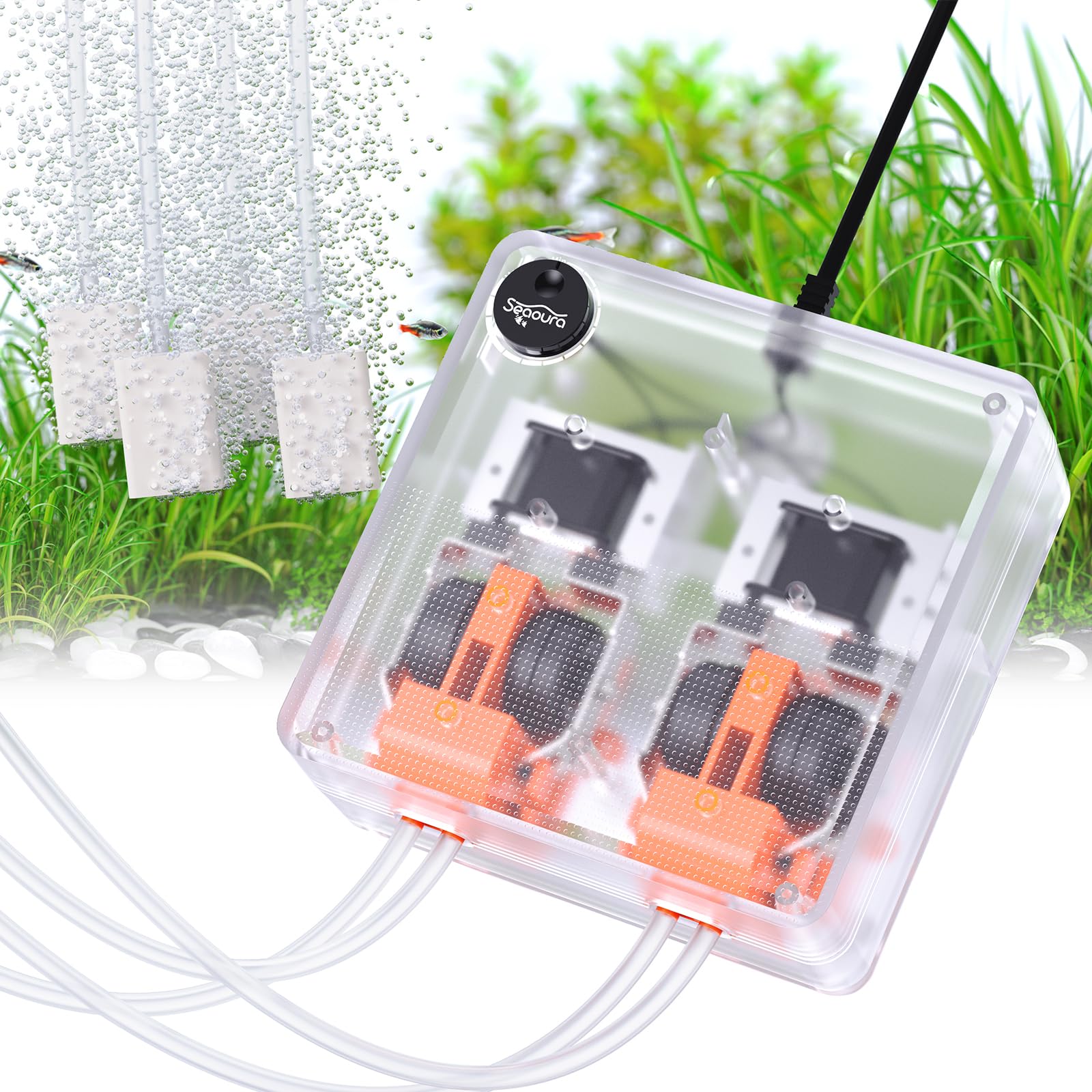 SEAOURA Aquarium Air Pump, Adjustable Fish Tank Bubbler, 10W/160GPH Quiet Aquarium Air Bubbler, Powerful Four Outlets Oxygen Aerator Pump with Air Stone &amp; Tubing, Up to 300 Gallons