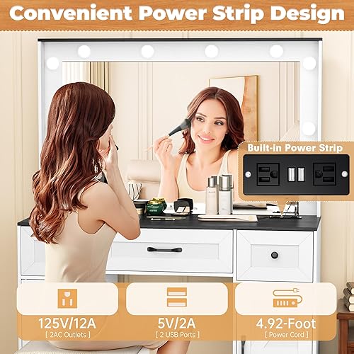 Miniatura 42 de Greenvelly Escritorio de maquillaje blanco con espejo, maquillaje de madera con 3 modos de iluminación, 2 cajones espaciosos y 6 compartimentos de