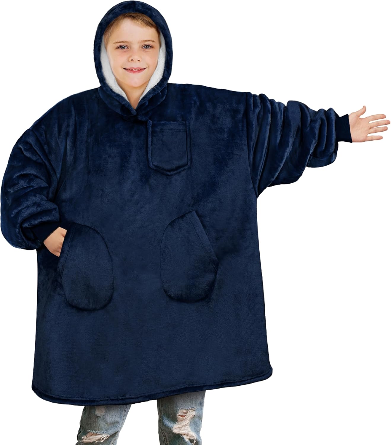 PAVILIA Wearable Blanket for Kids Boy Girl, Warm Cozy Giant Hoodie with Two Pockets, Fleece Sherpa Hooded Pullover for Teen