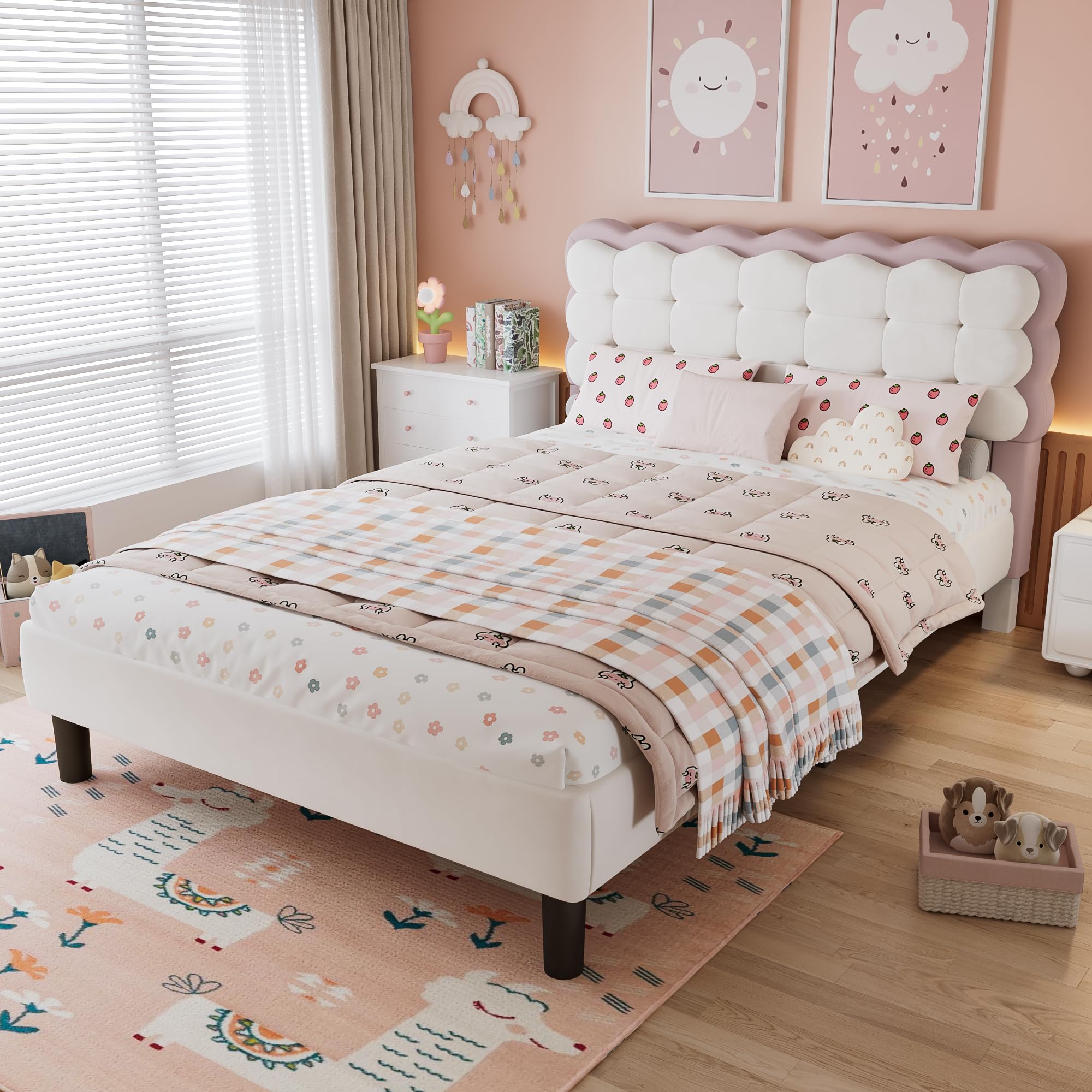 Merax 4FT6 Upholstered Double Bed 135x190cm,Children’s Double Bed,Velvet BedFrame with Padded Backrest & Sturdy Wooden Slats, Beige + Pink – No Mattress — image 1