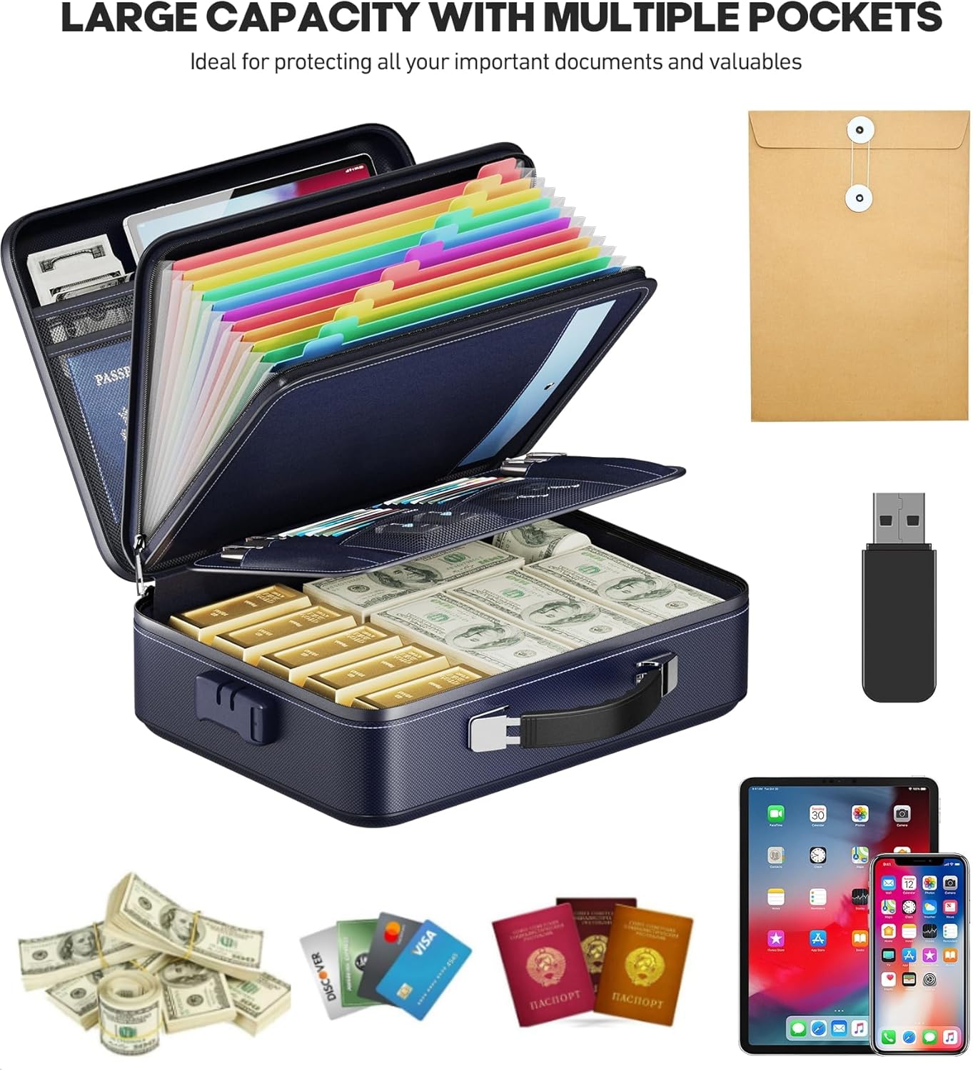 Fireproof Document Box, Hard Case Highly Flame-Resistant Fire Proof Waterproof File Organizer with Lock, Portable Fire Safe for Important Documents & Valuables Storage (Blue, ‎14"*11"*5")