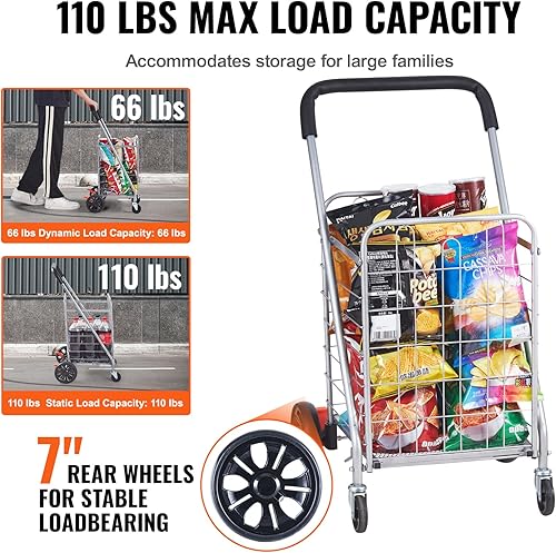 Miniatura 3 de VEVOR Carrito de compras plegable, capacidad de carga estática de 110 libras, carrito de comestibles con ruedas giratorias giratorias, cesta de