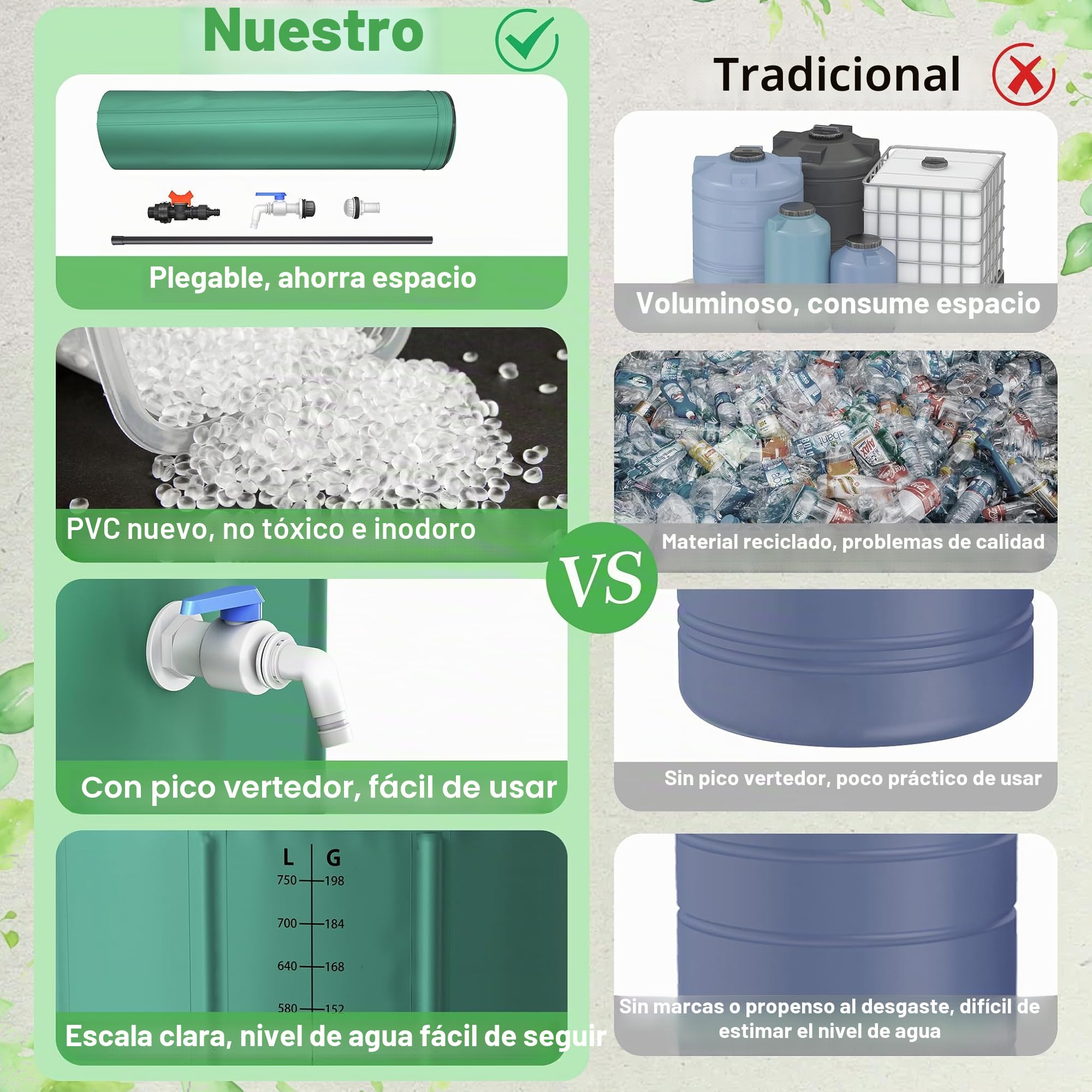 Aufun Plegable Barril de Agua de Lluvia, 200L Barril de Agua de Lluvia Tanque de Agua (Verde), AF-(HAG8570A-V) | Con válvula de drenaje y escala de volumen, fácil almacenamiento, inoxidable y resistente a la intemperie