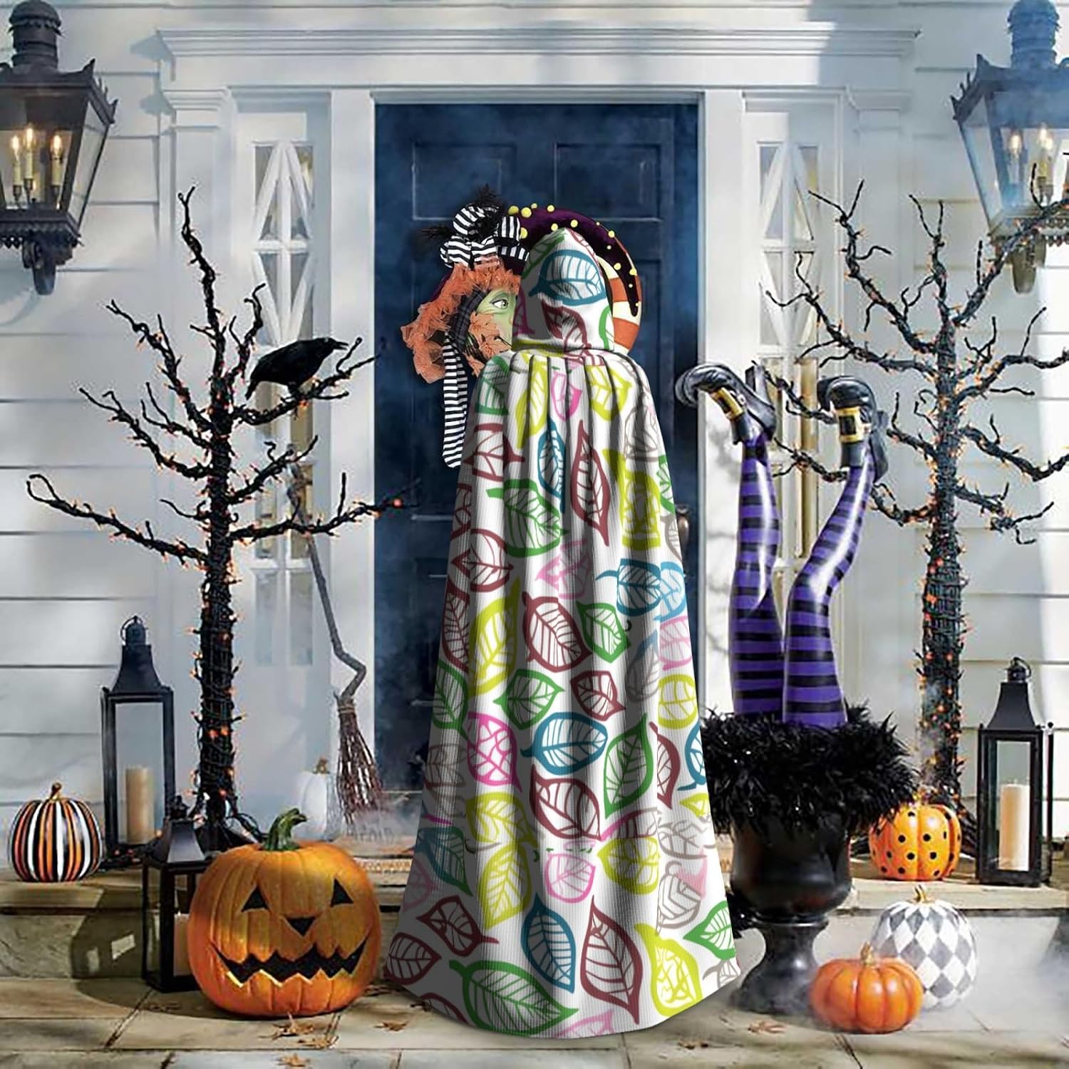Leaf Lines Men Women Halloween Role Play Party Decoration Hooded Poncho Black