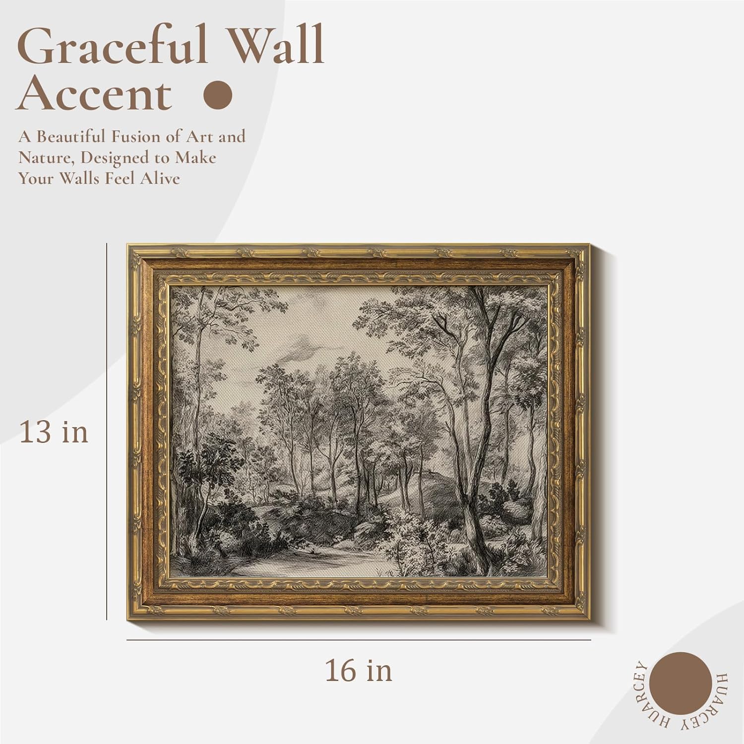 HUARCEY 13"x16" Glass Vintage Landscape Canvas Wall Art Framed, Antique Sketch Forest Scenery Painting, Classic Rustic Nature Wall Decor with Ornate Gold Frame for Living Room Bedroom Office Hallway