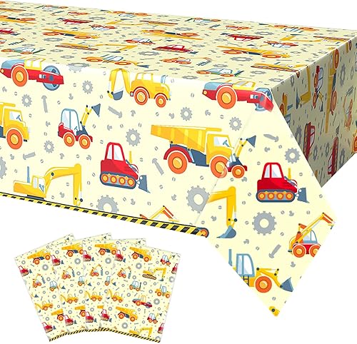 FunHot Manteles de construcción, 4 fundas amarillas para mesa de construcción, 54 x 108 pulgadas, manteles rectangulares de vehículos de