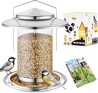 iBorn Bird Feeder, Metal Bird Feeder for Hanging, Feeding Station for Cardinal with Feeding Bowl, 6 Feeding Holes, 18 cm Large Roof, Weatherproof Wild Birds Bird House, Nickel product image