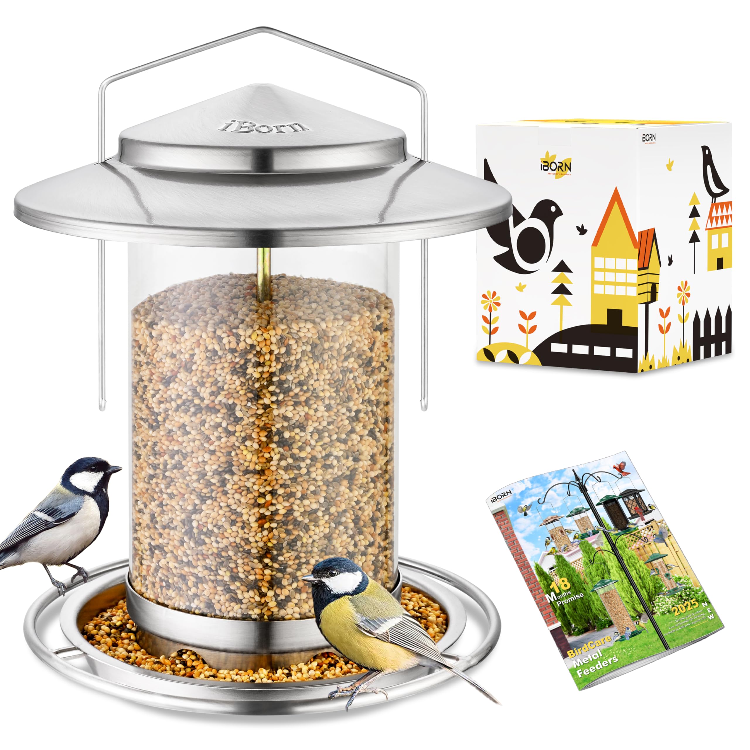 iBorn Metal Bird Feeders for Outdoors,Easy Clean Bird Seed Feeder,Hanging Bird Feeder for Seeds with Gift Box,3-Second Refill Bird Feeder,Nickle 6