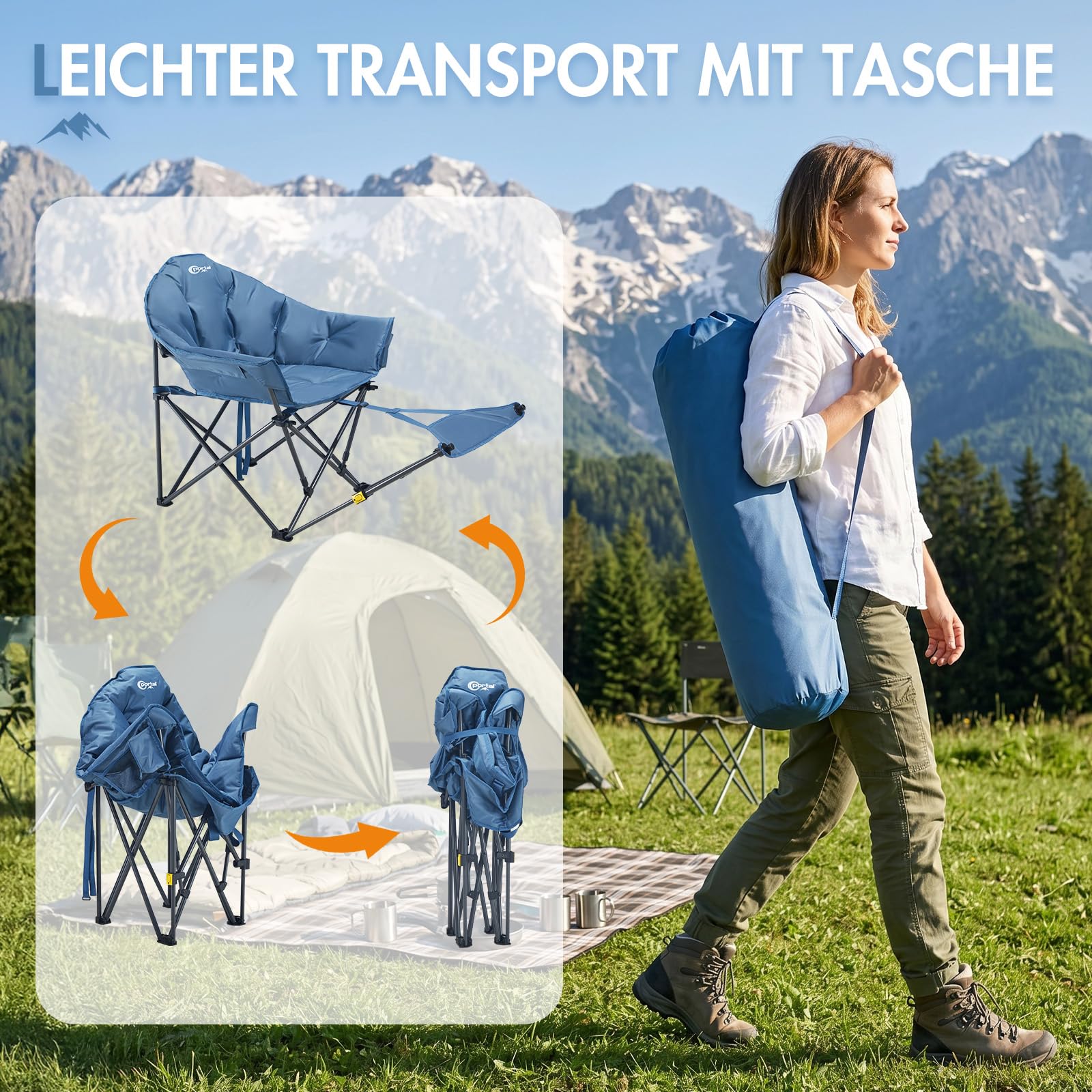 Moonchair Campingstuhl mit Fußablage 180kg XL Bequemer Luxuriös gepolsterter breiter Gartensessel Schwerlast-Liegestuhl ideal für Strand, Picknick, Balkon & Terrasse