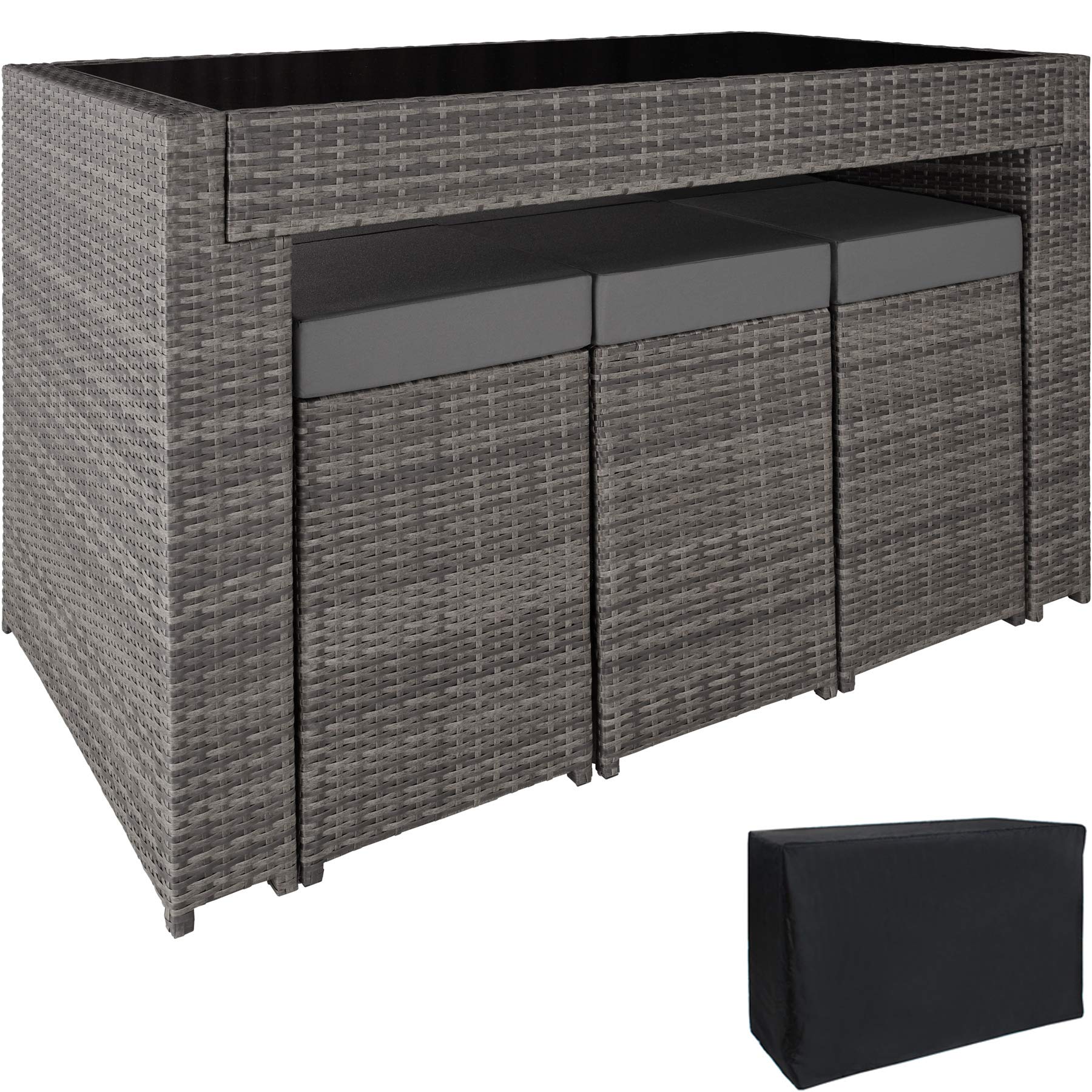 tectake® Set Tavolo e Sgabelli da Bar in Polyrattan Ibiza, Set da Bar 7 Pezzi, 1 Tavolo con Lastra in Vetro, 6 Sgabelli, Comodi Cuscini, Involucro Protettivo Incluso - Grigio