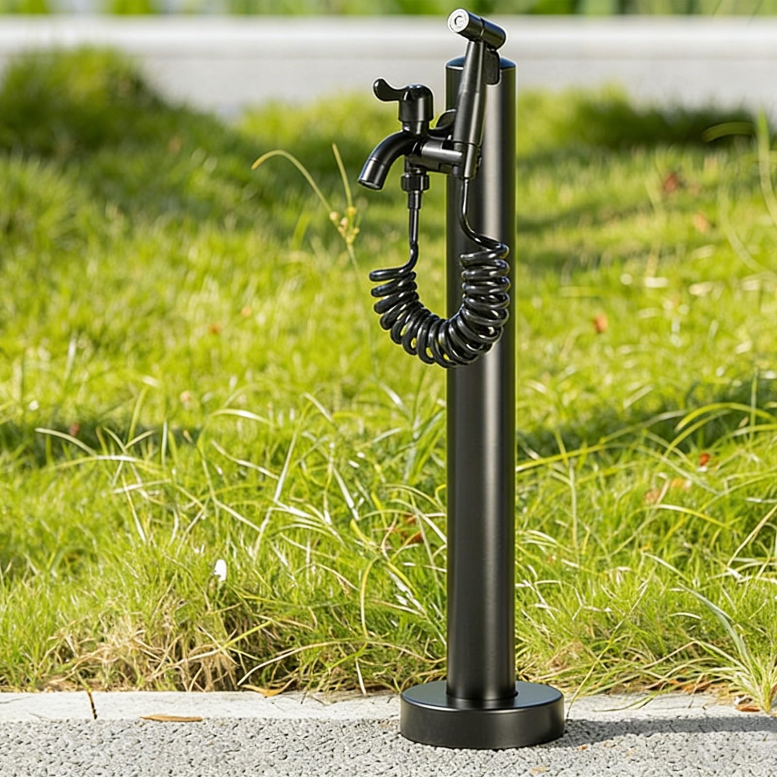Columna de agua independiente para exteriores con doble grifo, soporte de manguera de acero inoxidable para patio y césped