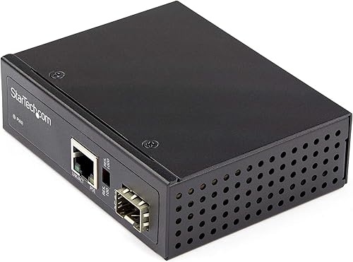 StarTech.com PoE+ - Convertidor de medios industriales de fibra a Ethernet de 60 W, SFP a RJ45, fibra monomodomultimodo a Ethernet Gigabit de cobre,
