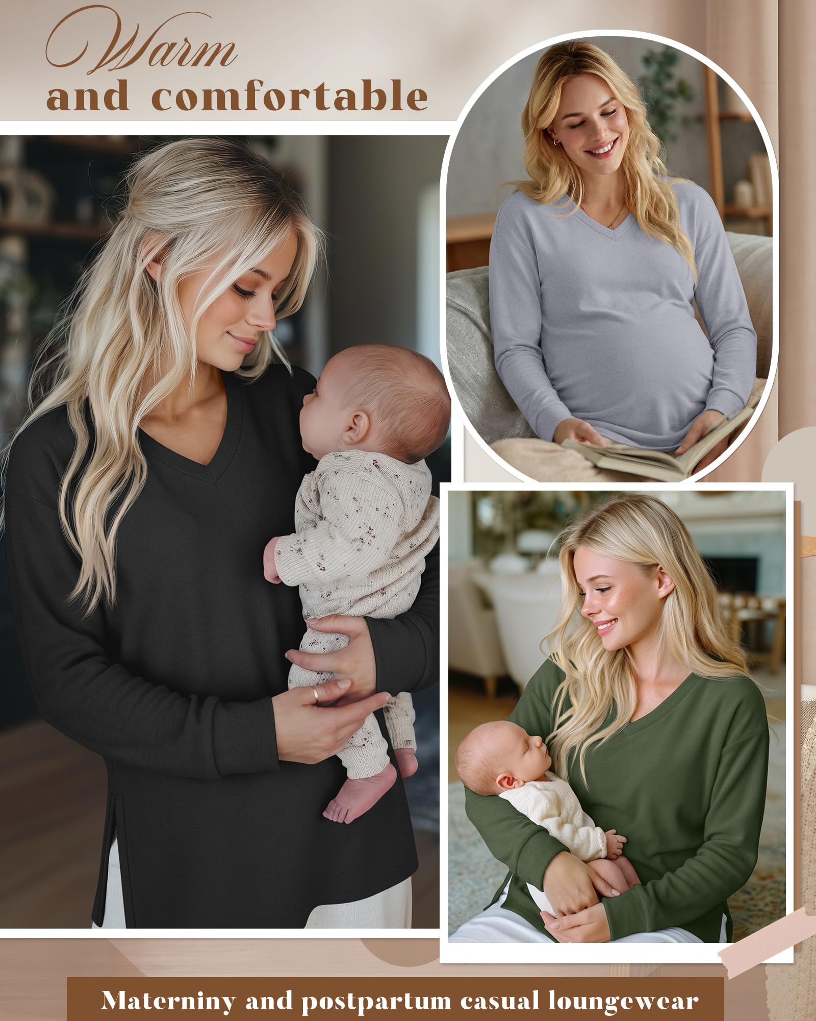 Condition photo showing New/Like New for huukeay 3 pack women's thermal maternity shirts long sleeve fleece lined pregnancy tops split side v neck maternity clothes