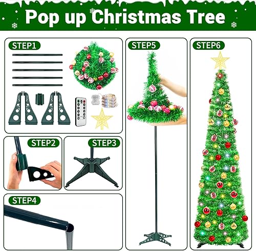 Miniatura 4 de HISFFOG Árbol de Navidad de oropel preiluminado de 5 pies con 8 modos de ajuste de luz, 50 luces de color remoto, funciona con pilas, árbol delgado