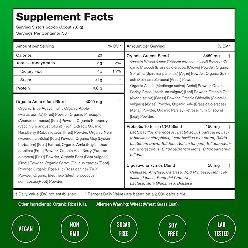 Miniatura 7 de NutraChamps Super Greens Powder Premium Superfood Más de 20 alimentos integrales vegetales verdes orgánicos Hierba de trigo, espirulina, clorella