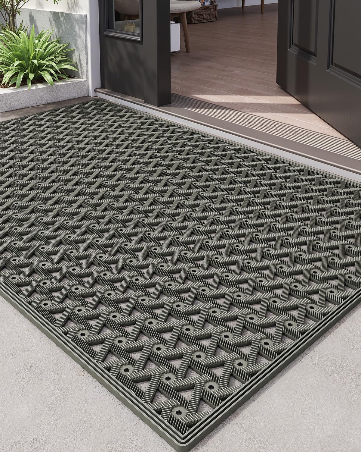 DEXI Front Door Mat Outside Entrance Rubber 32x48, Welcome Floor Doormat Heavy Duty Non Slip, Dirt Trapper Waterproof Exterior Entry Mats All Weather for Patio Entryway Drainage, Grey